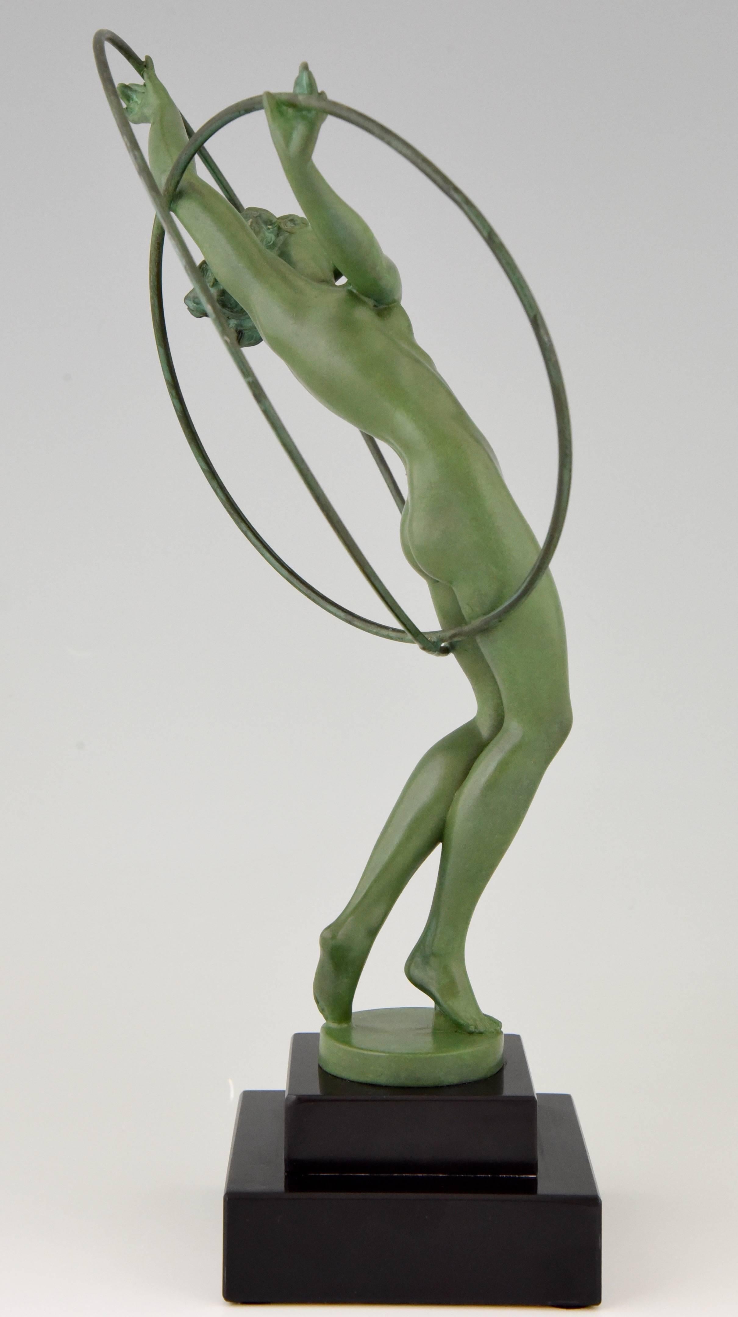 French Art Deco Sculpture Nude Hoop Dancer by Fayral, Pierre Le Faguays, 1930 In Excellent Condition In Antwerp, BE