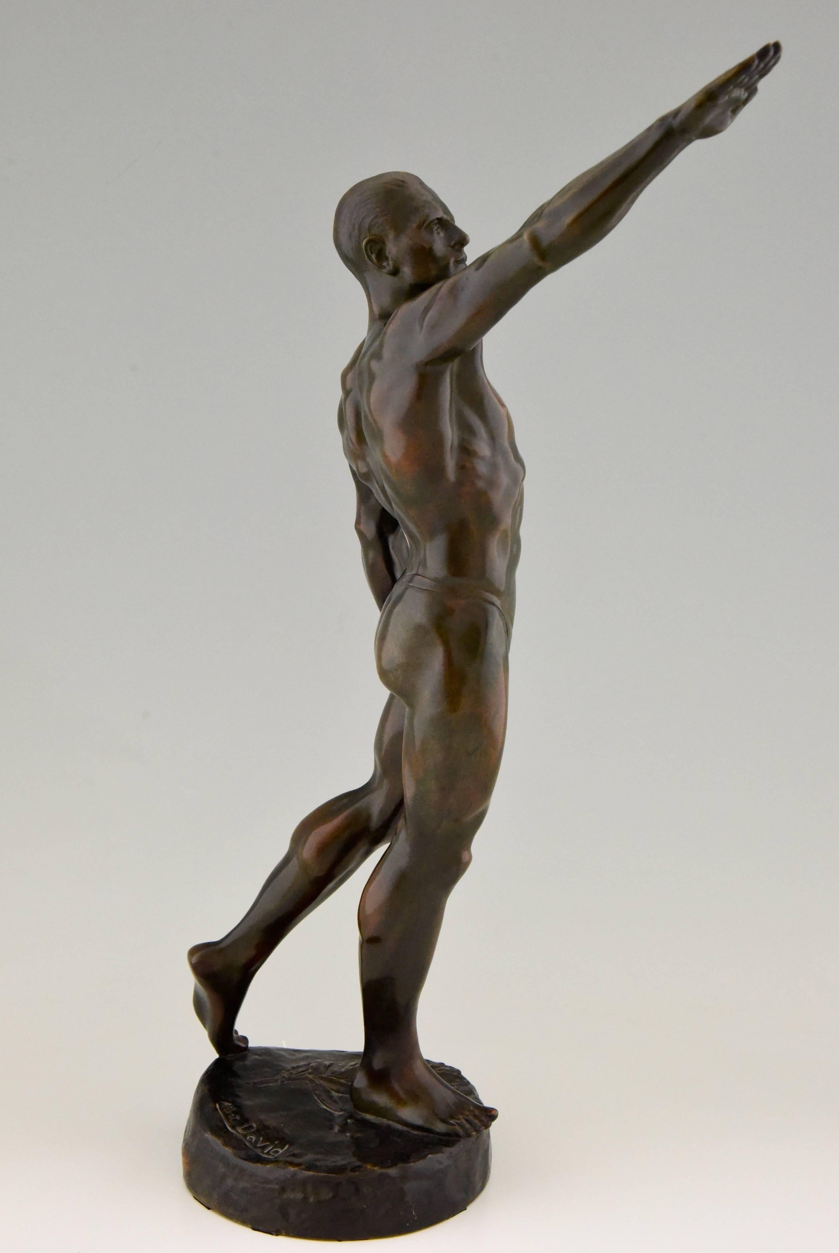 Olympic Salute, Art Deco Bronze Male Nude Athlete by A. David, 1925 at