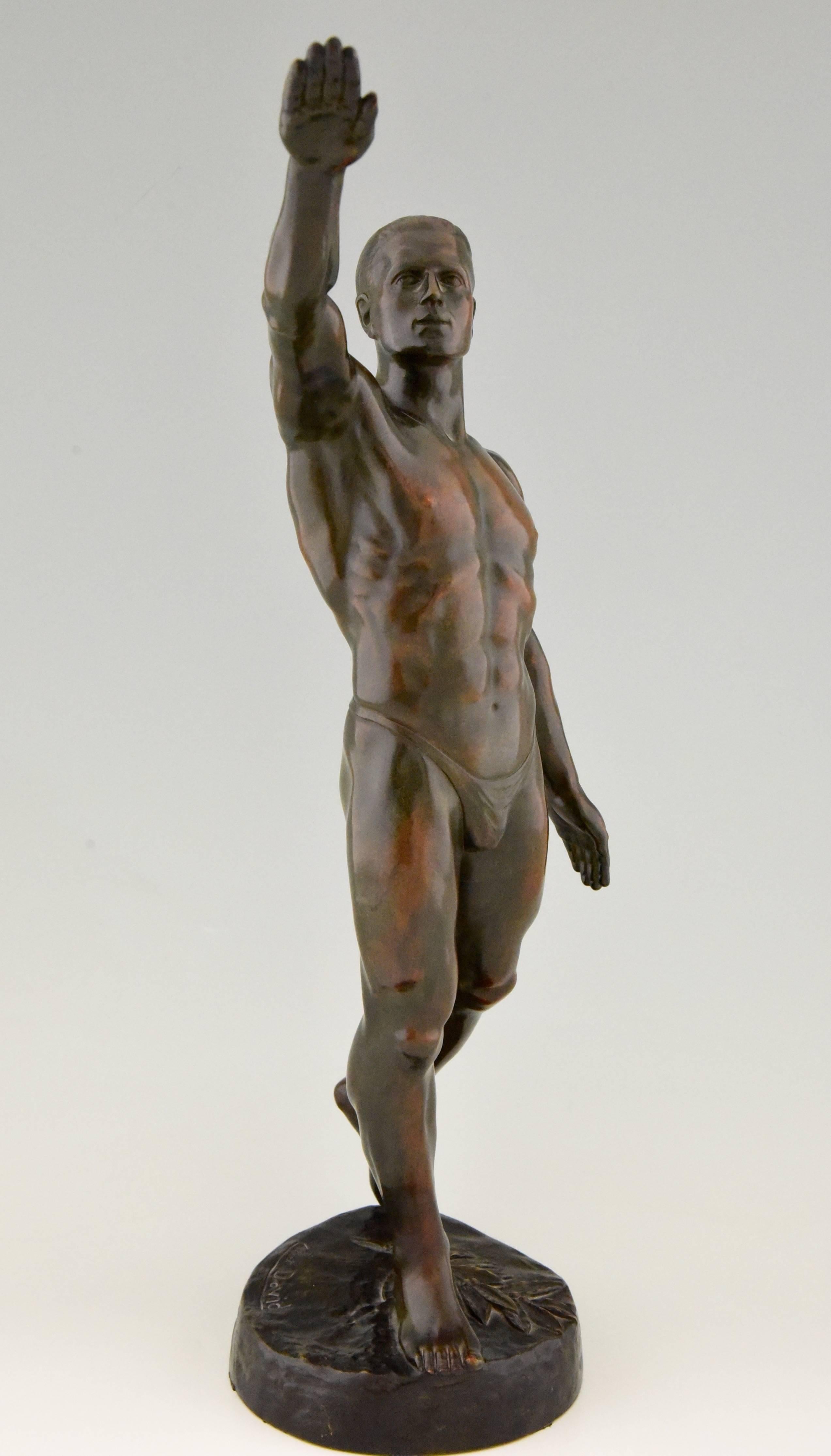 Olympic Salute, Art Deco Bronze Male Nude Athlete by A. David, 1925 at