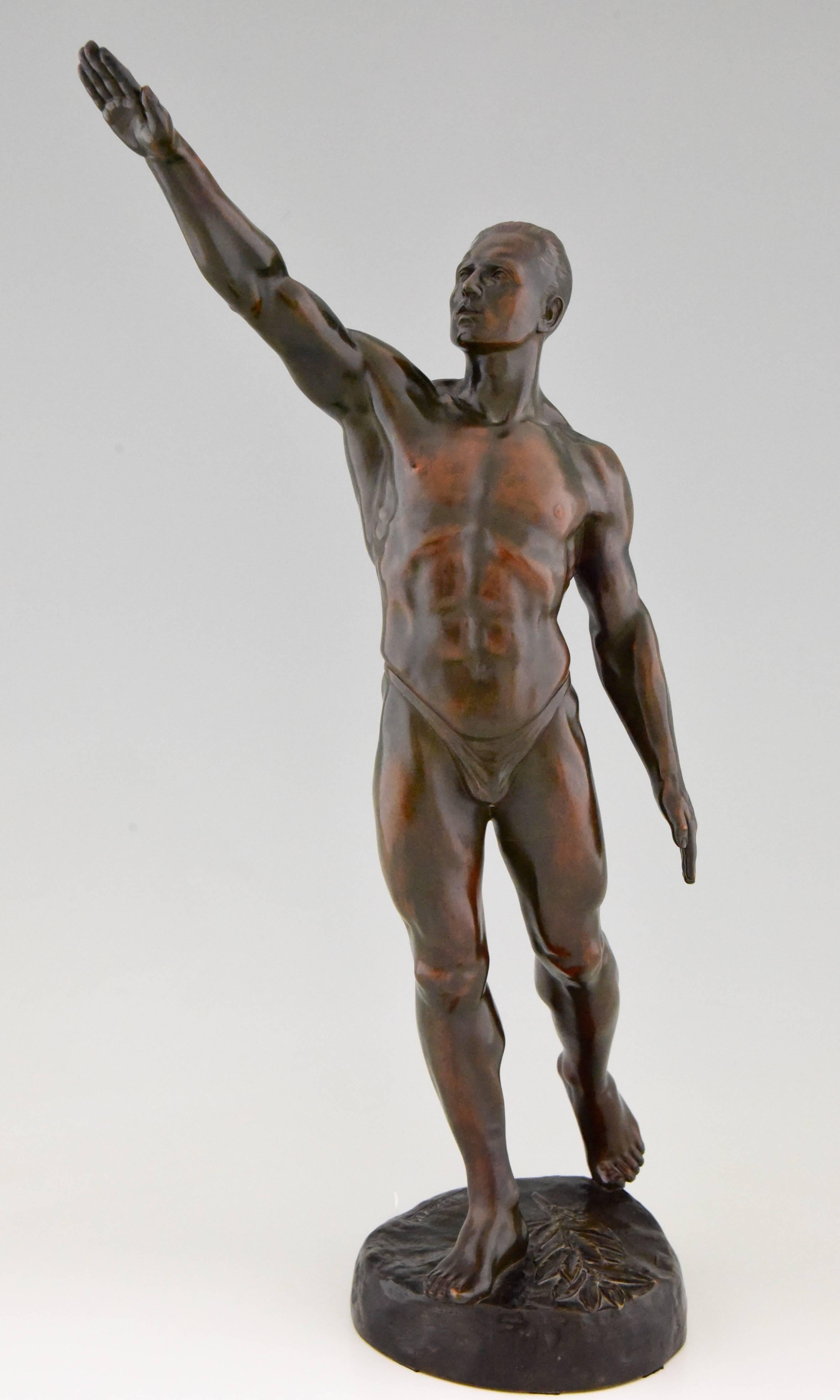 Olympic Salute, Art Deco Bronze Male Nude Athlete by A. David, 1925 at