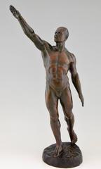 Olympic Salute, Art Deco Bronze Male Nude Athlete by A. David, 1925