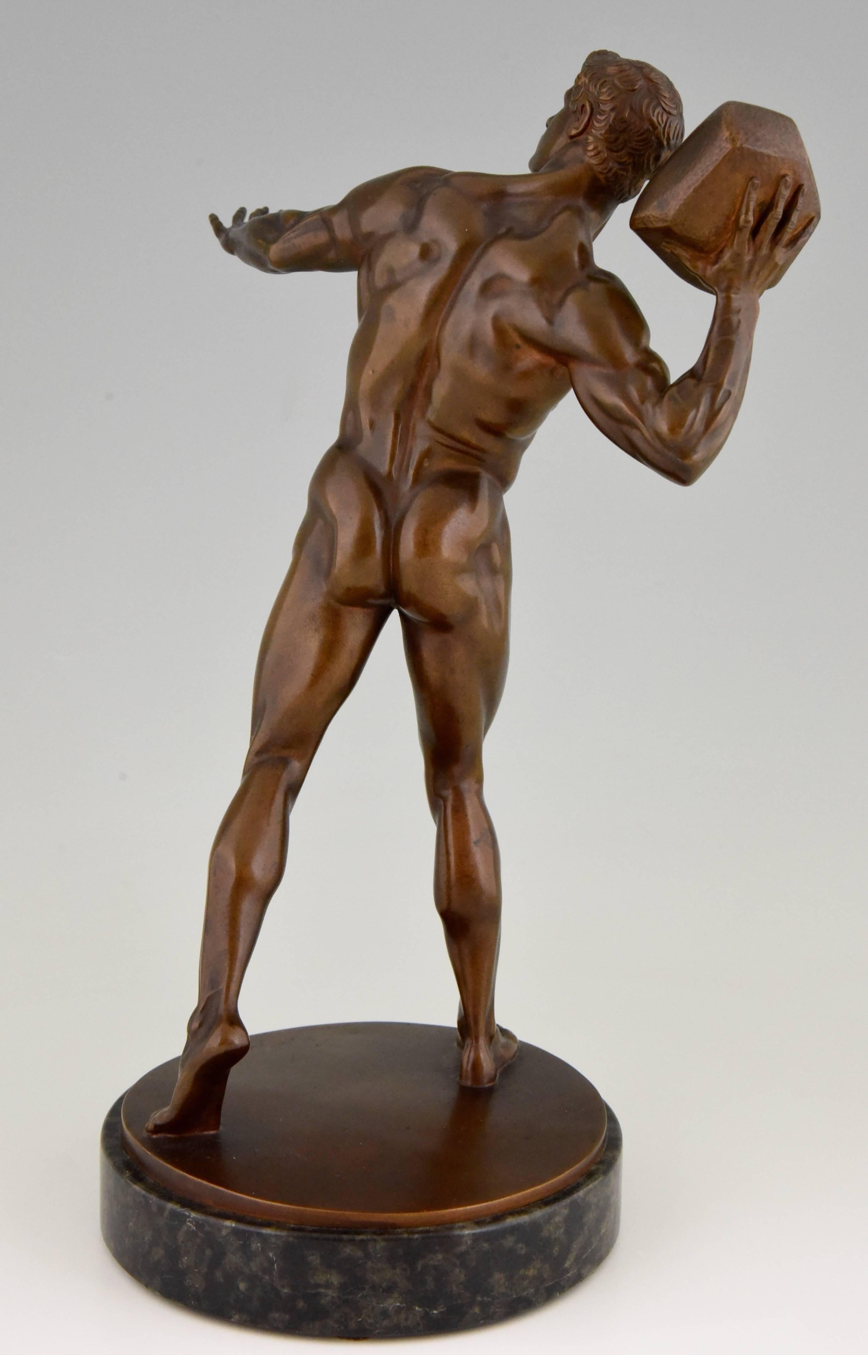 Swiss Antique Bronze Sculpture Male Nude Throwing Stone Hugo Siegwart