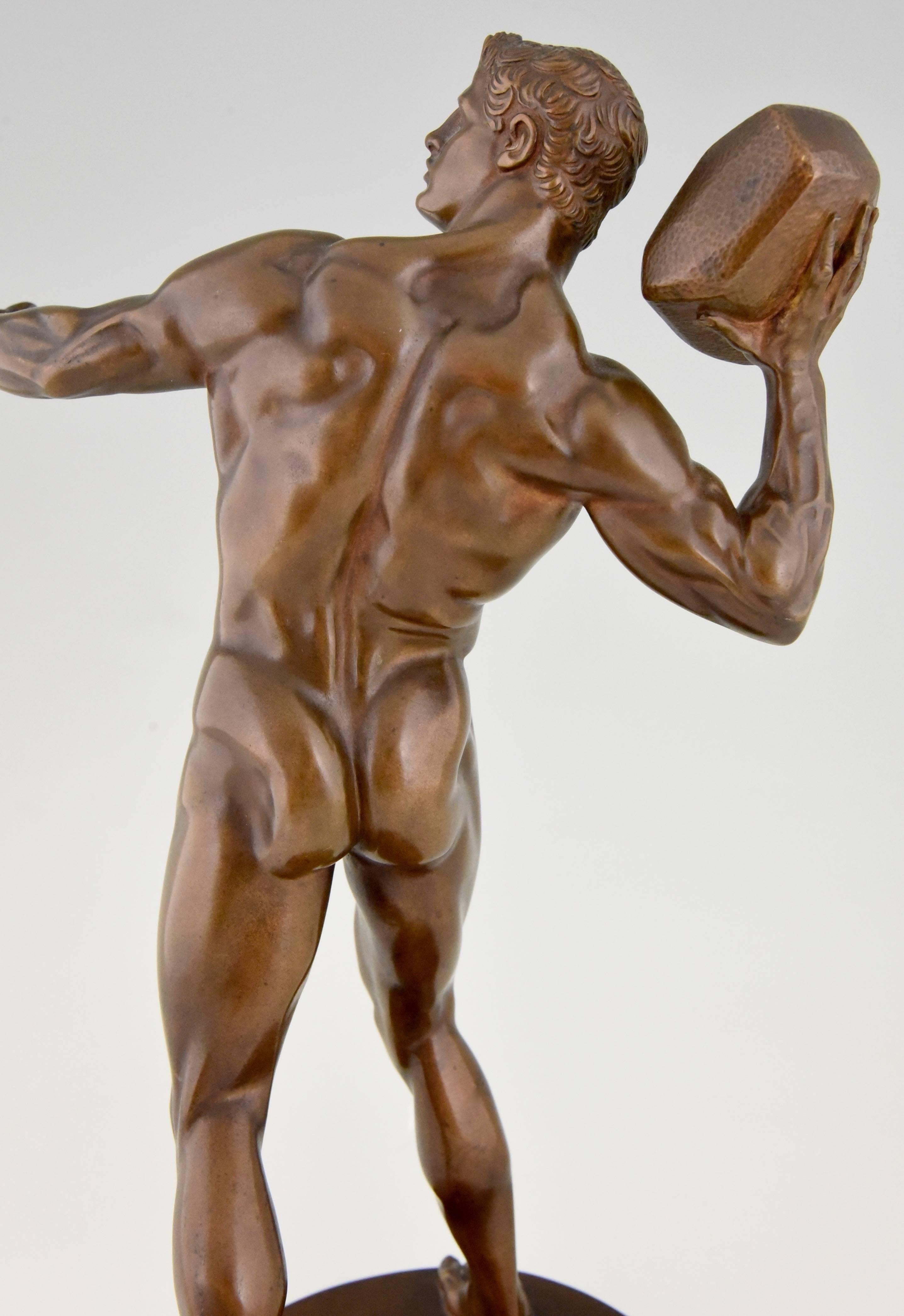 Antique Bronze Sculpture Male Nude Throwing Stone Hugo Siegwart 3
