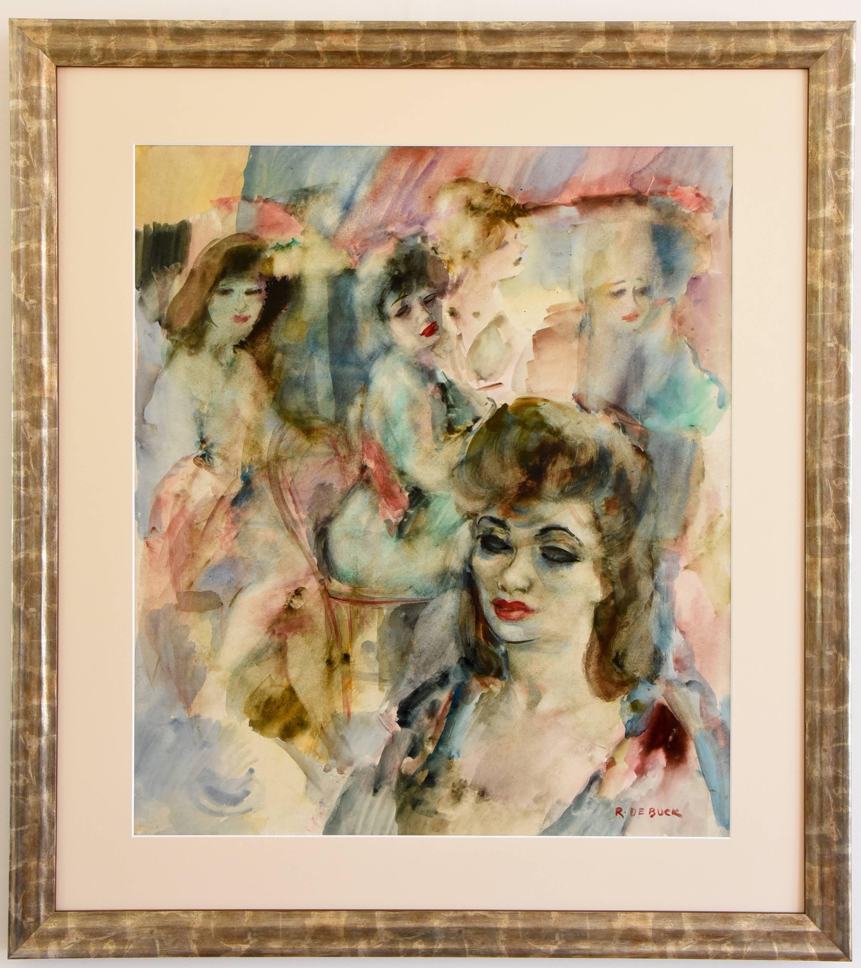 Colorful watercolor painting by the Belgian artist Raf de Buck, ladies in a bar in the red light district in Antwerp. 
Contemporary frame.

Artist / maker:
Raf de Buck.
Signature / marks:
R. de Buck.
Style:
Art Deco.
Date:
1940.
Material:
Watercolor