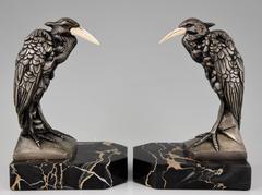 French Art Deco Silvered Bronze Heron Bookends by Manin, 1930