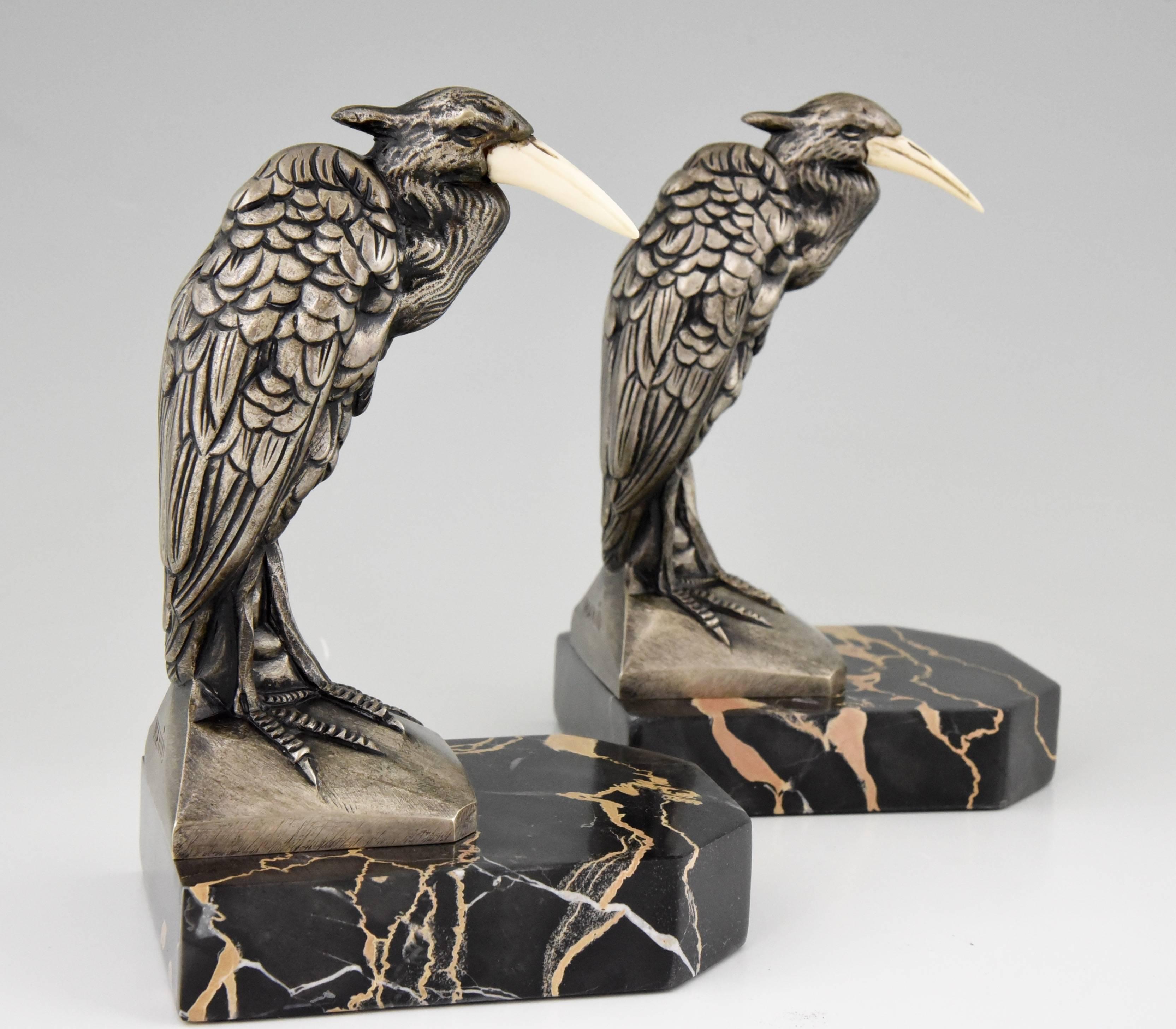 French Art Deco Silvered Bronze Heron Bookends by Manin, 1930 2