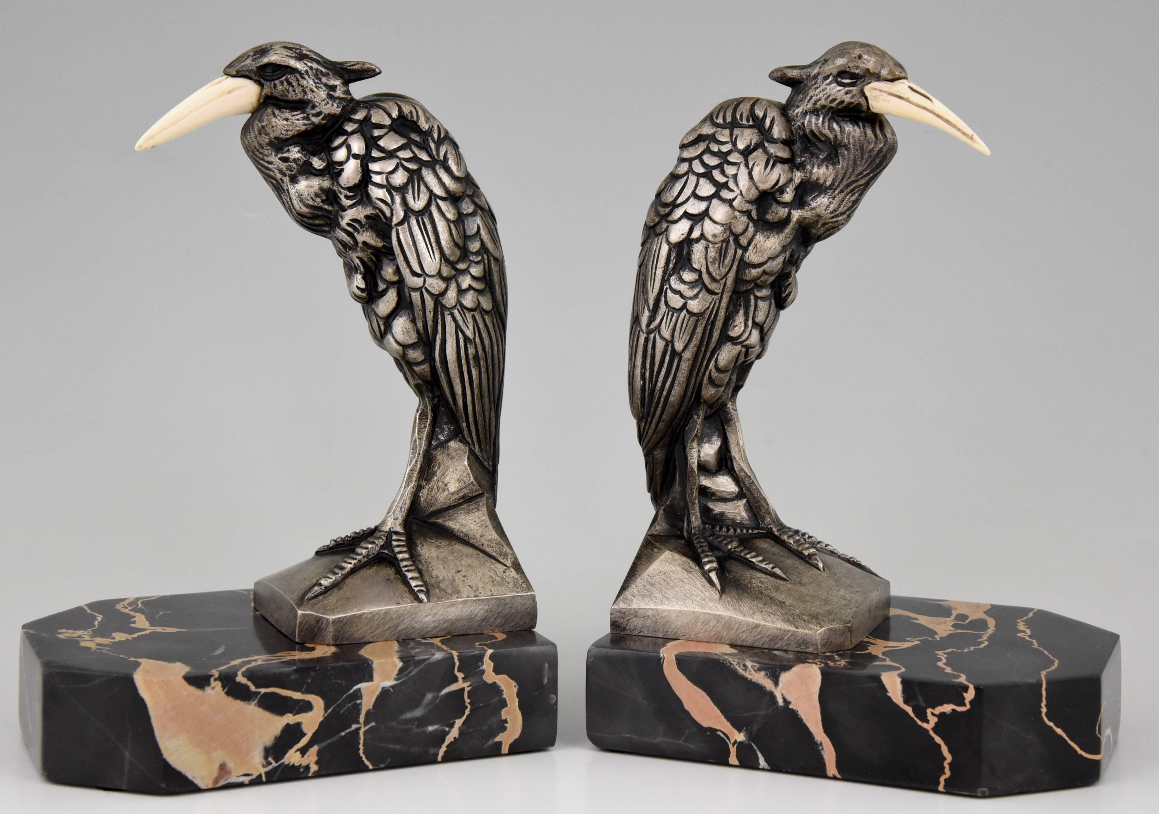 French Art Deco Silvered Bronze Heron Bookends by Manin, 1930 1