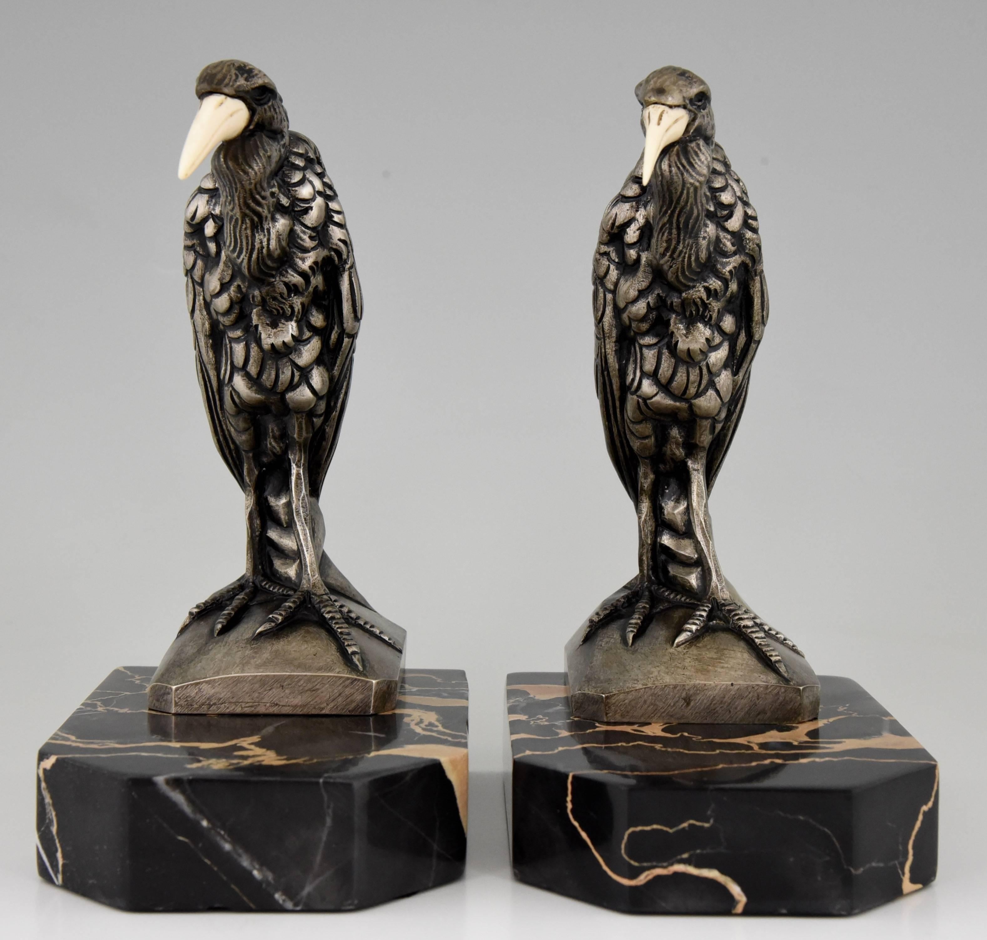20th Century French Art Deco Silvered Bronze Heron Bookends by Manin, 1930