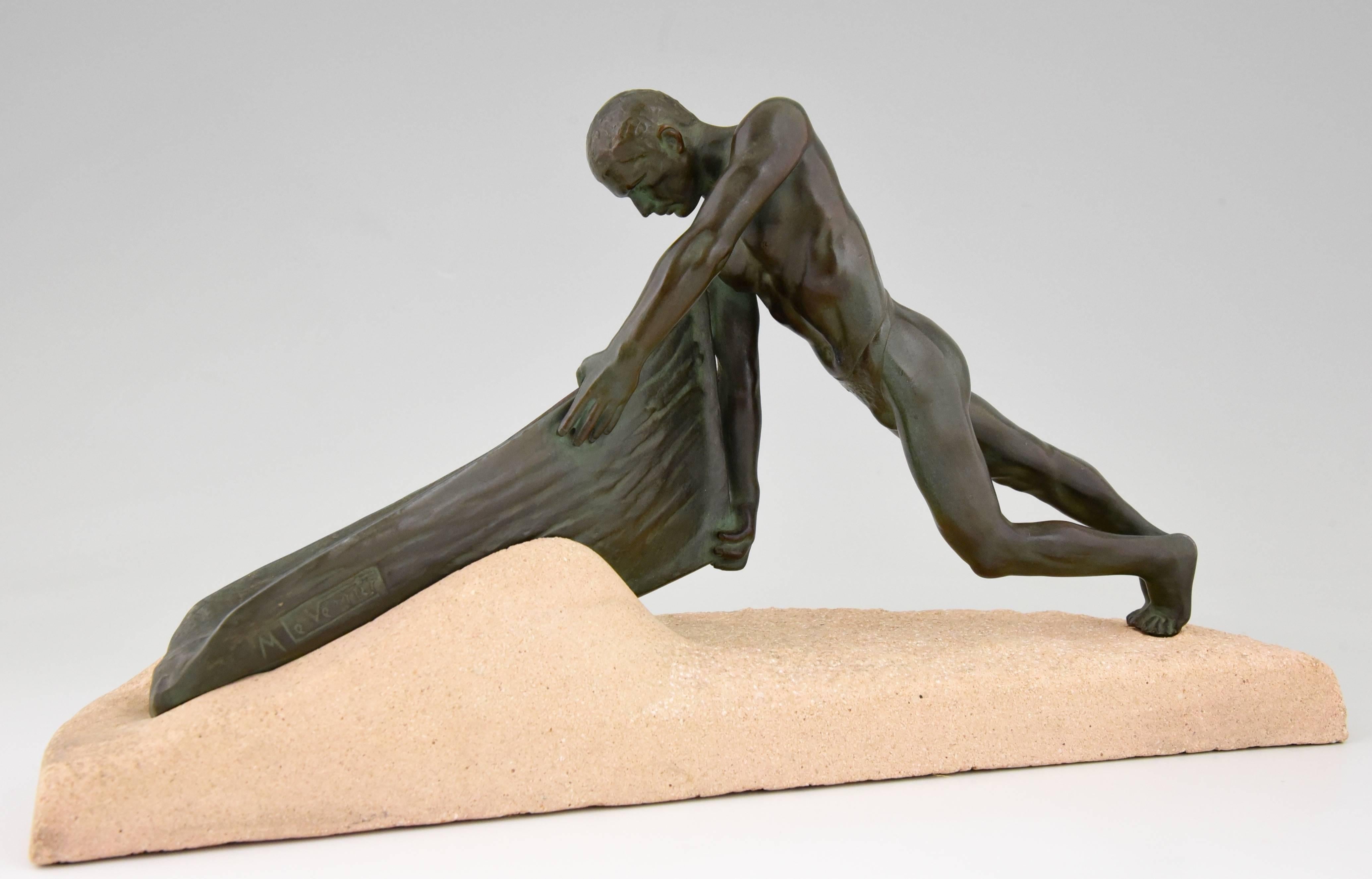 Carved French Art Deco Sculpture Male Nude Fisherman with Boat Max Le Verrier, 1930