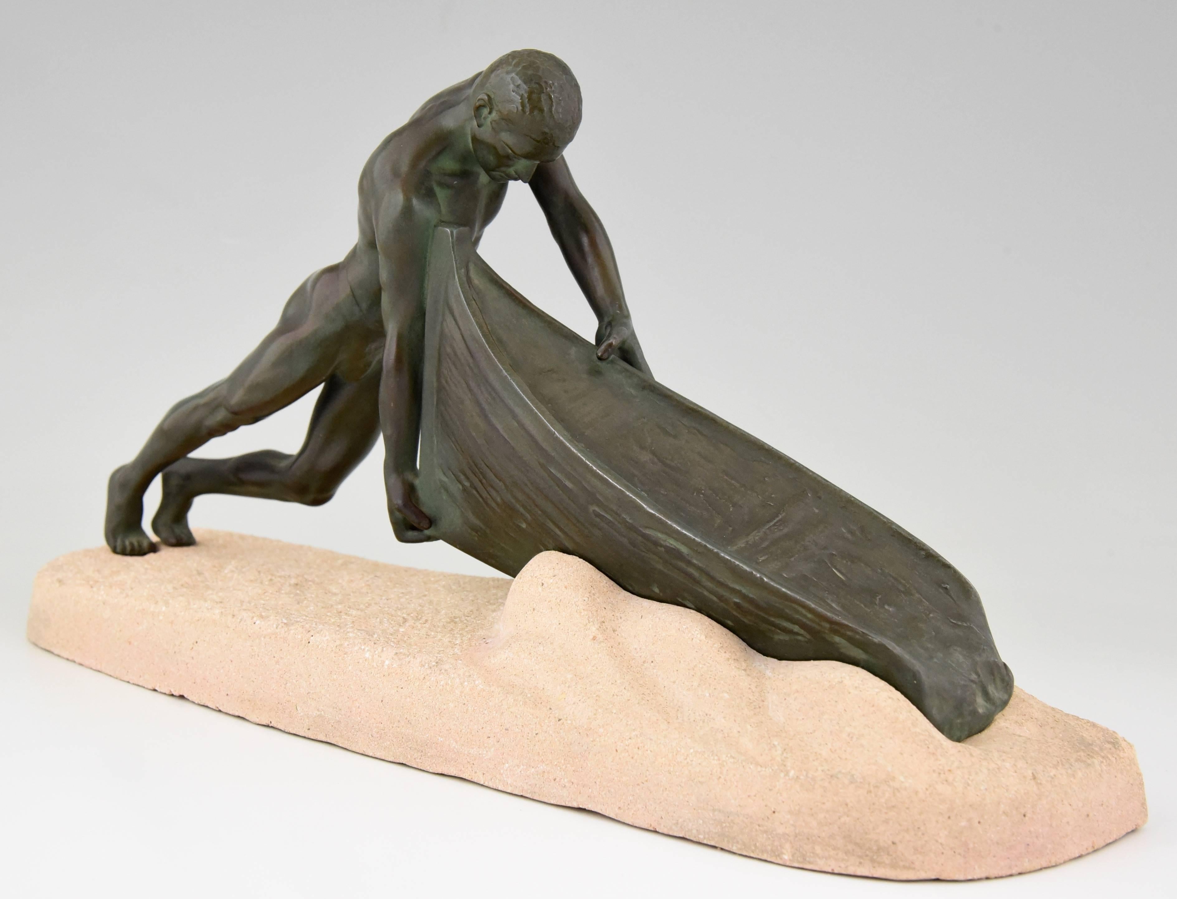 Hard to find sculpture of a fisherman pushing his boat into the water by Max Le Verrier on a carved stone base.

Artist / maker:
Max Le Verrier.
Signature / marks:
M. Le Verrier. 
Style:
Art Deco. 
Date:
1930.
Material:
Patinated metal.