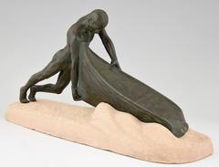 French Art Deco Sculpture Male Nude Fisherman with Boat Max Le Verrier, 1930