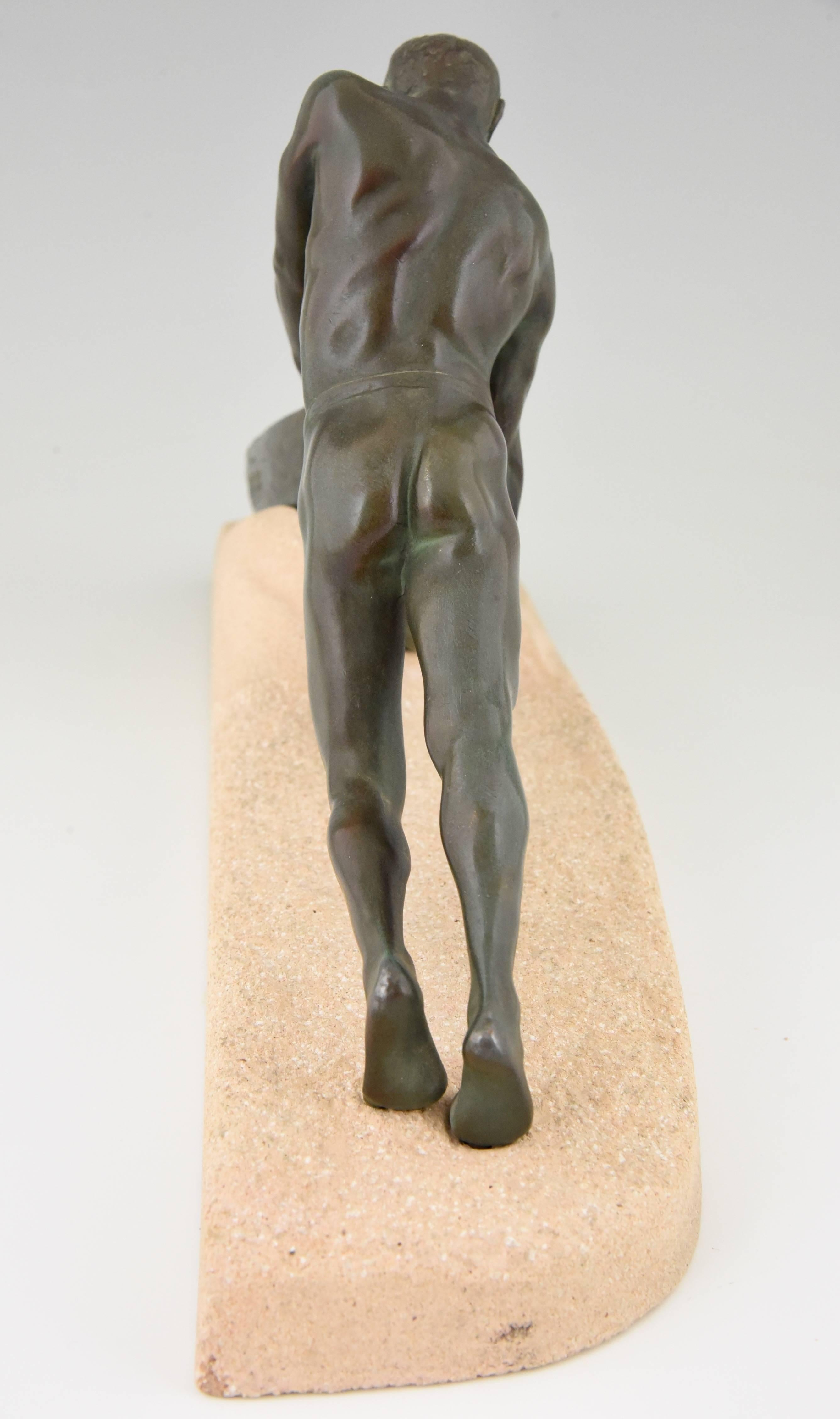 French Art Deco Sculpture Male Nude Fisherman with Boat Max Le Verrier, 1930 1