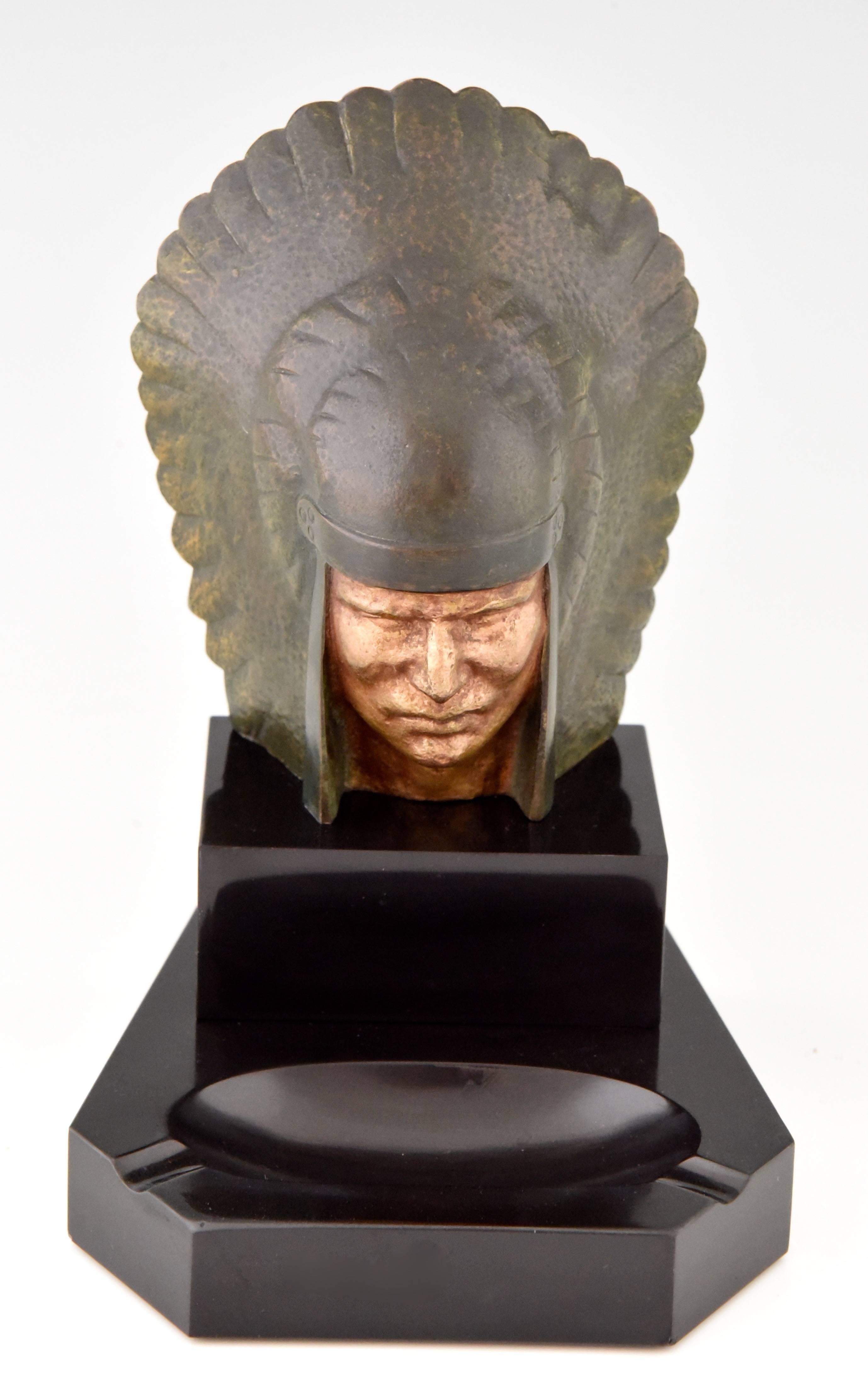 Belgian Black Marble French Art Deco Bronze Ashtray with Indian Bust by Georges Garreau, 1930