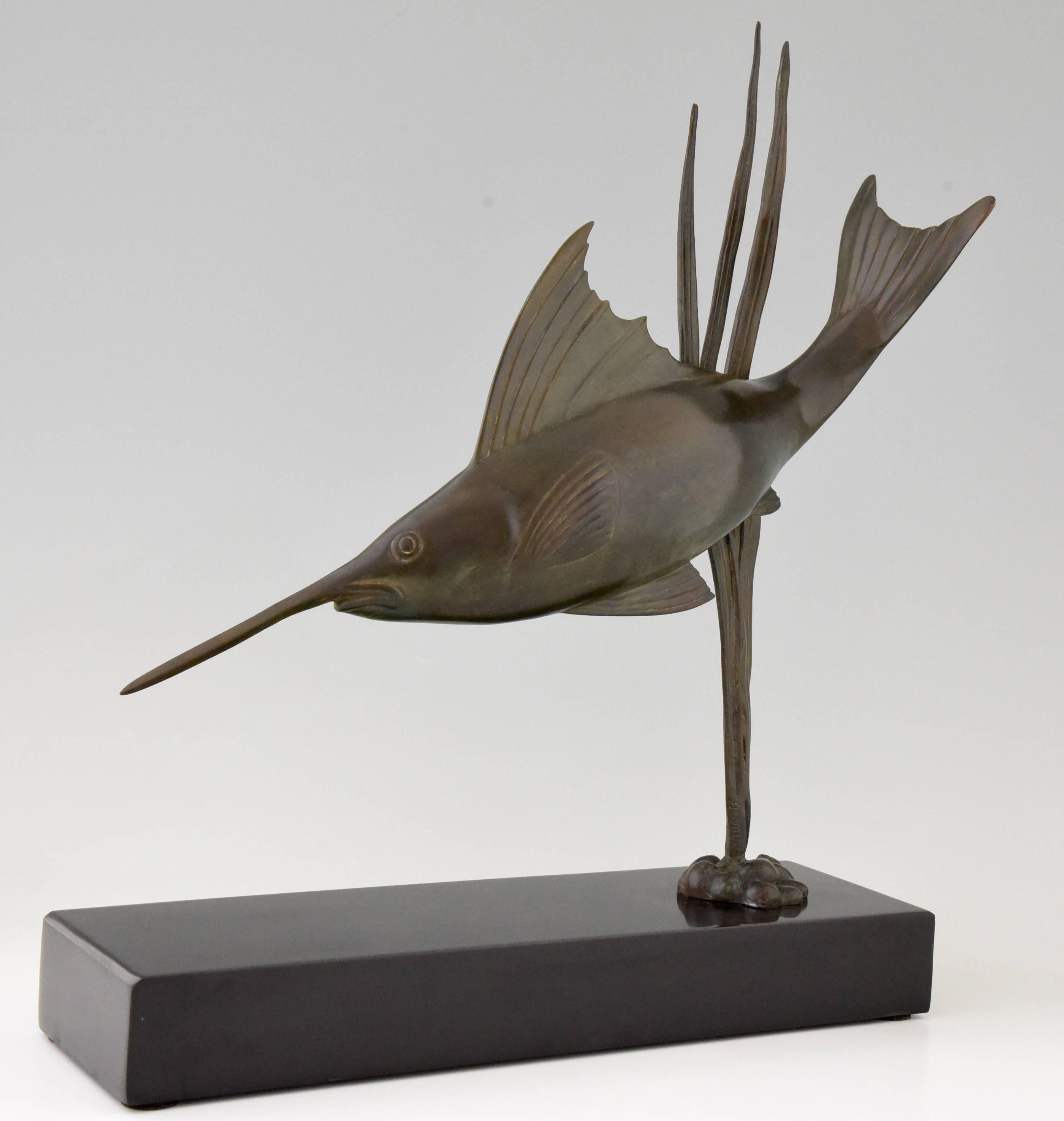 French Art Deco Bronze Swordfish Sculpture by I. Strateff, 1930 France