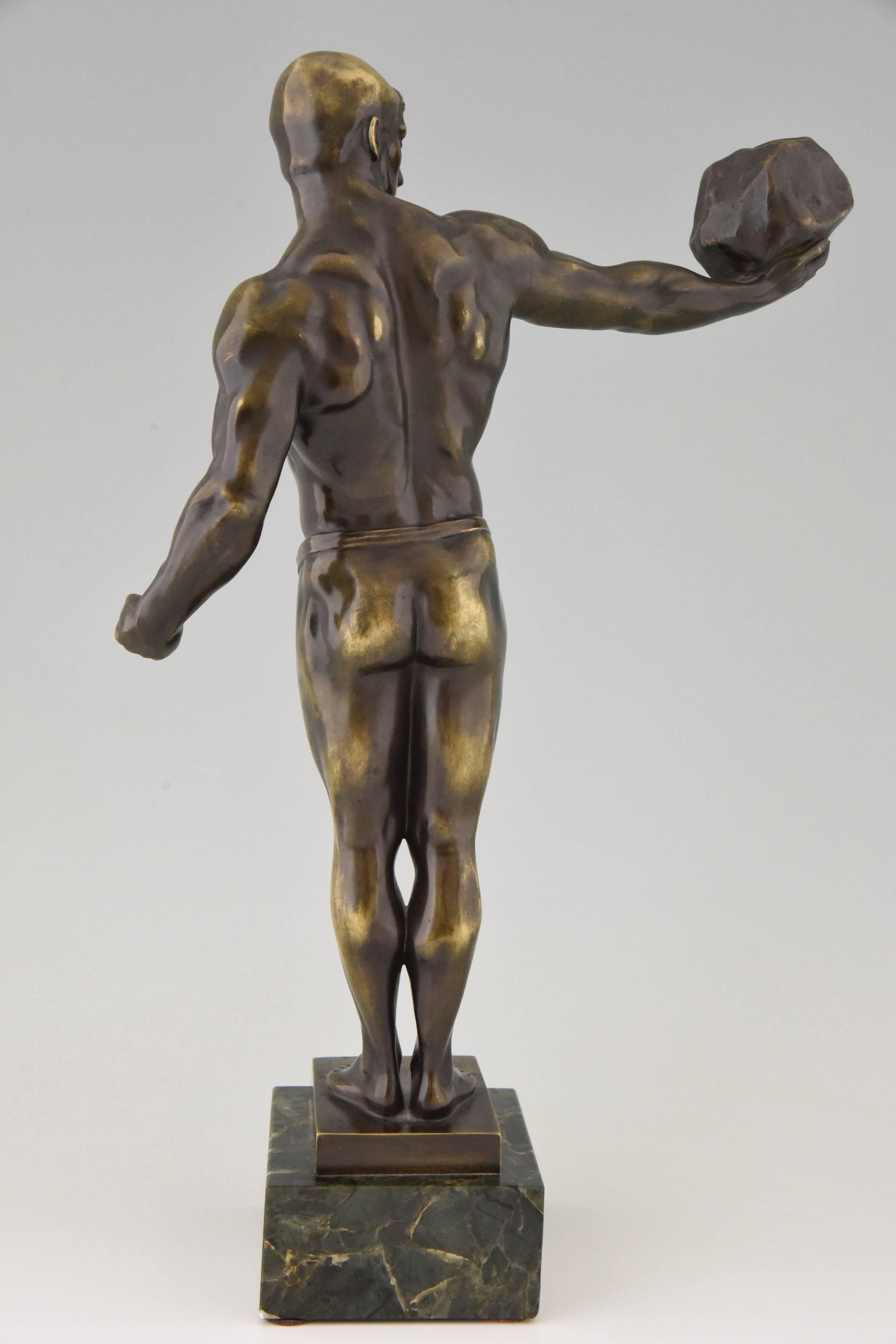 Austrian Antique Bronze Sculpture Athletic Male Nude with Stone, 1900