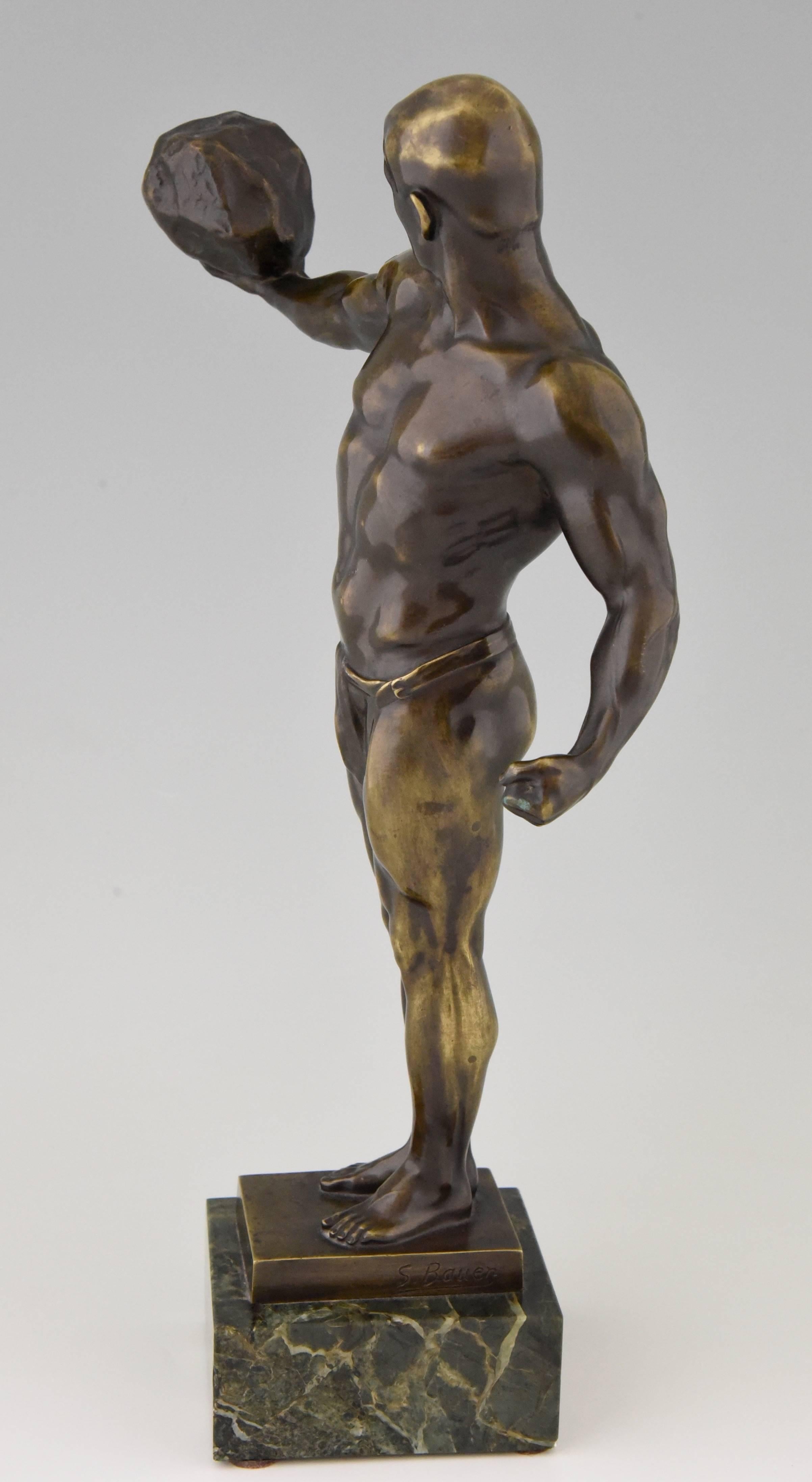 Other Antique Bronze Sculpture Athletic Male Nude with Stone, 1900