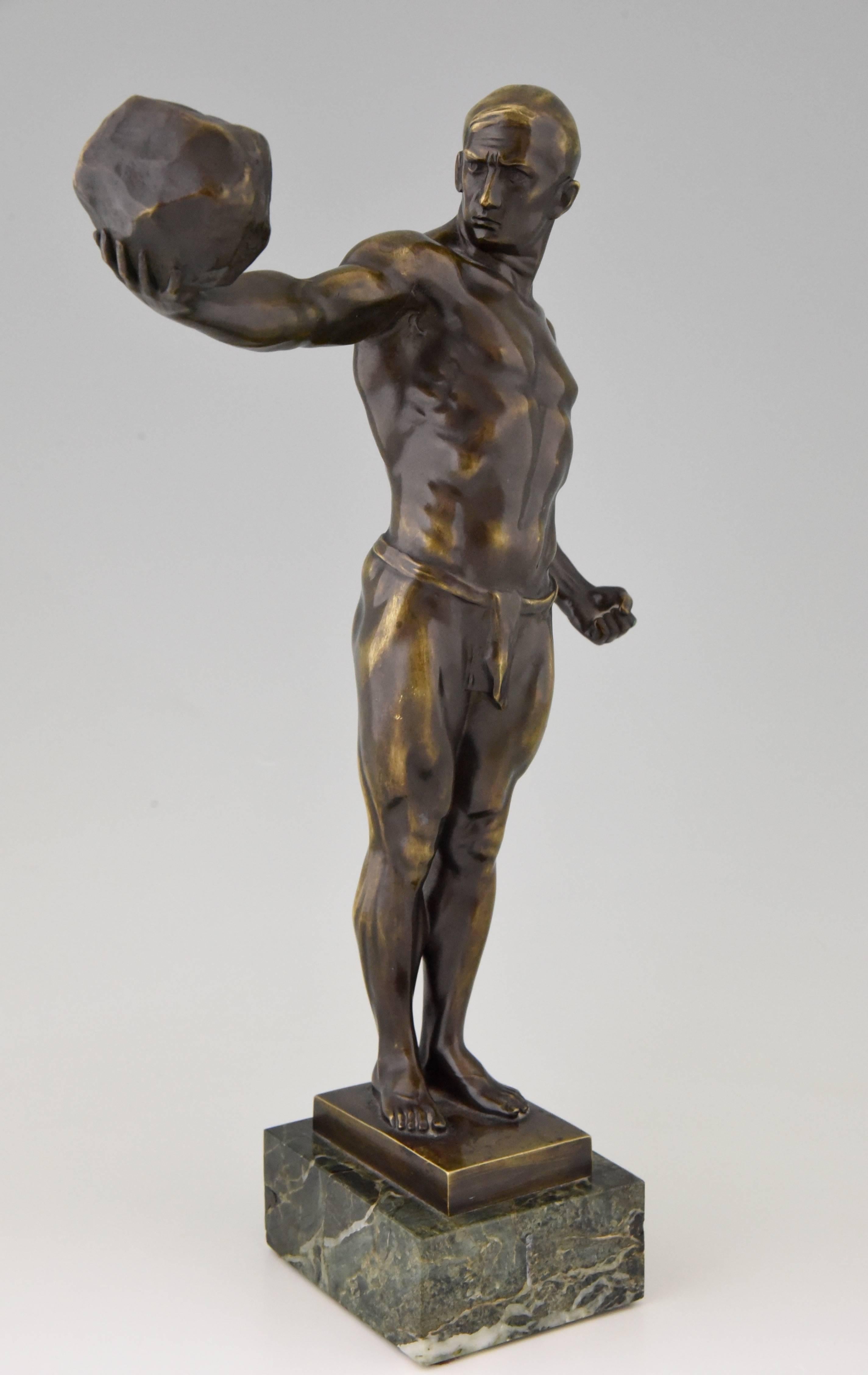 Antique Bronze Sculpture Athletic Male Nude with Stone, 1900 In Good Condition In Antwerp, BE