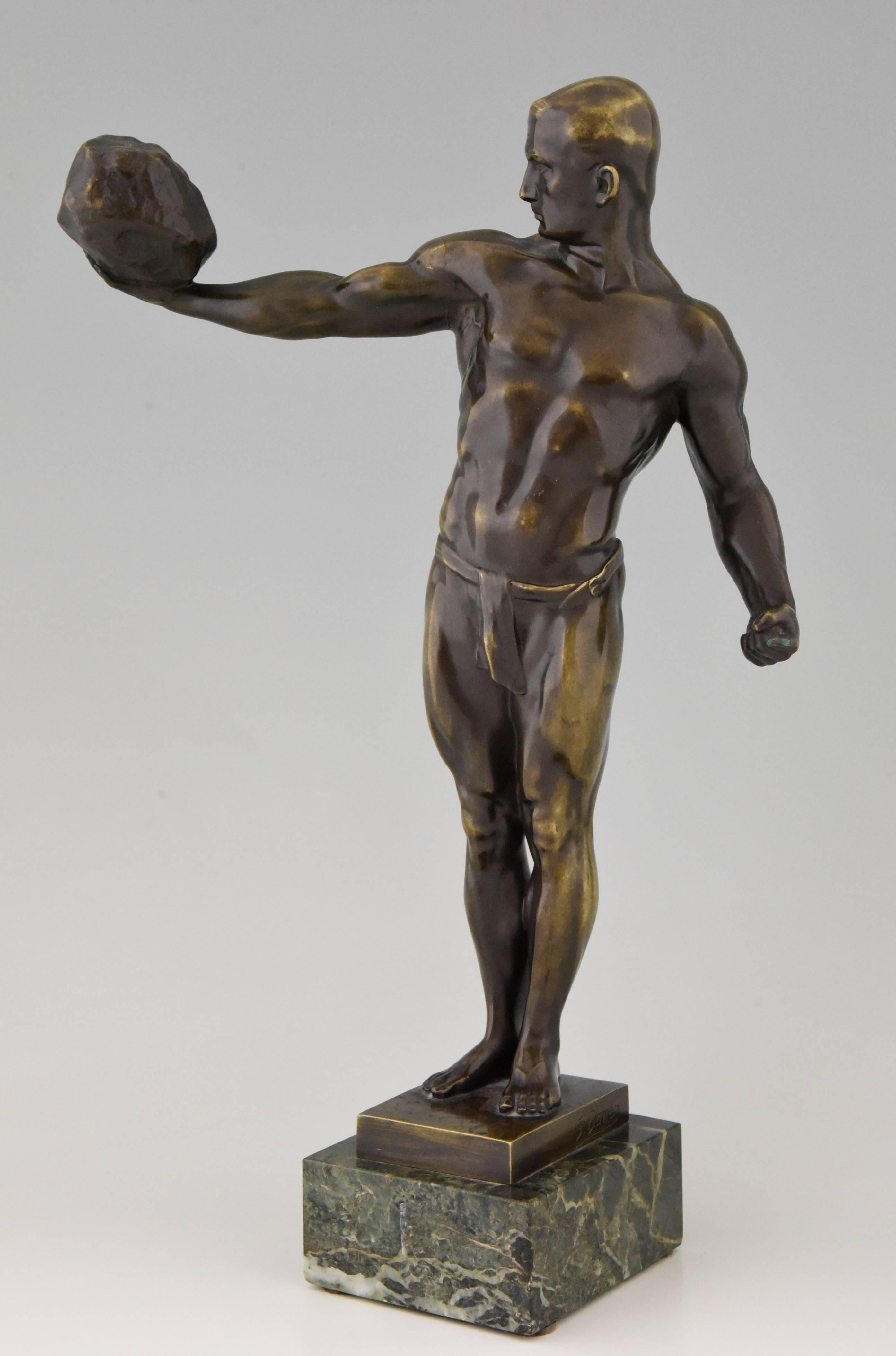 20th Century Antique Bronze Sculpture Athletic Male Nude with Stone, 1900