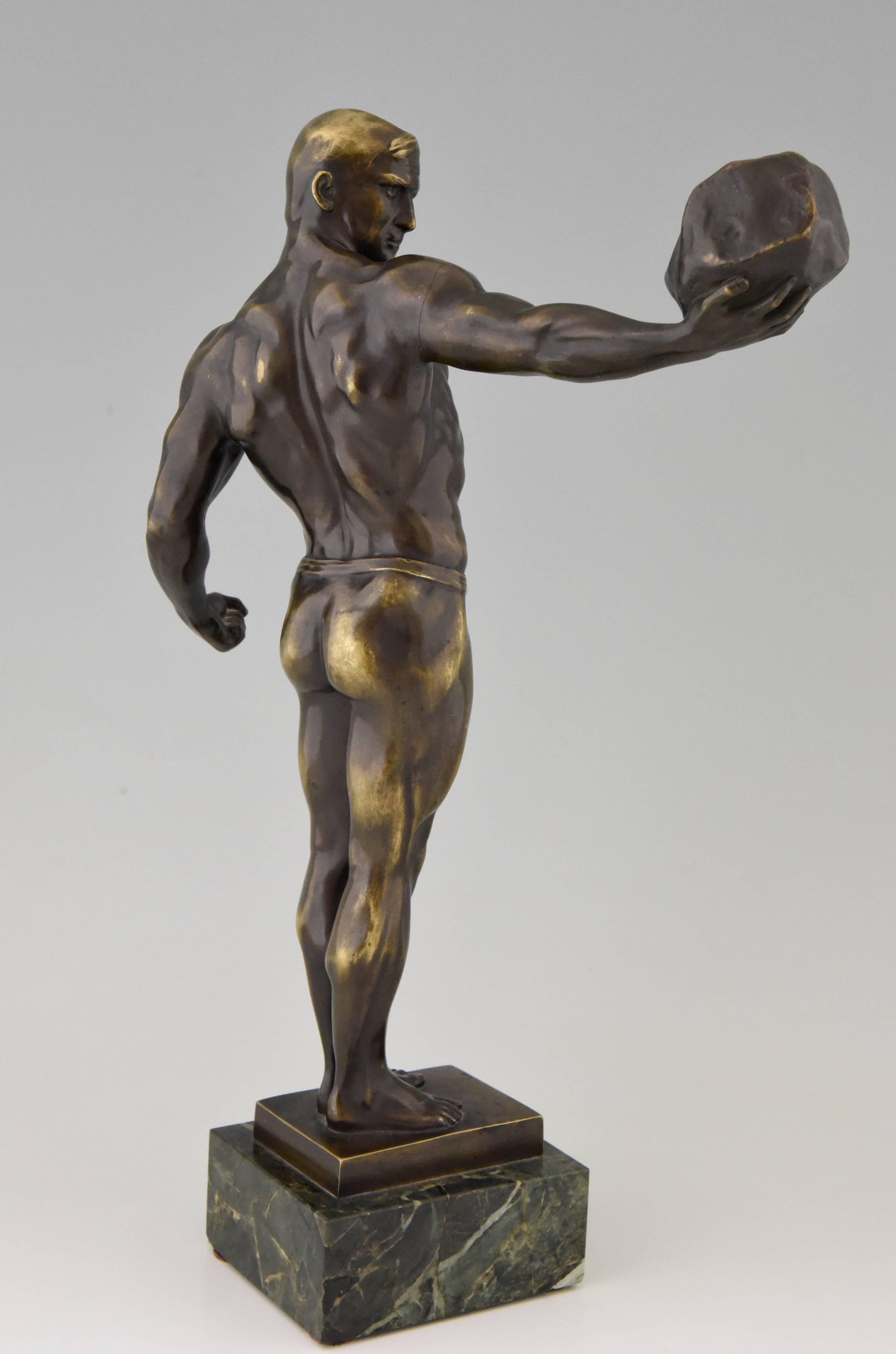 Antique Bronze Sculpture Athletic Male Nude with Stone, 1900 2