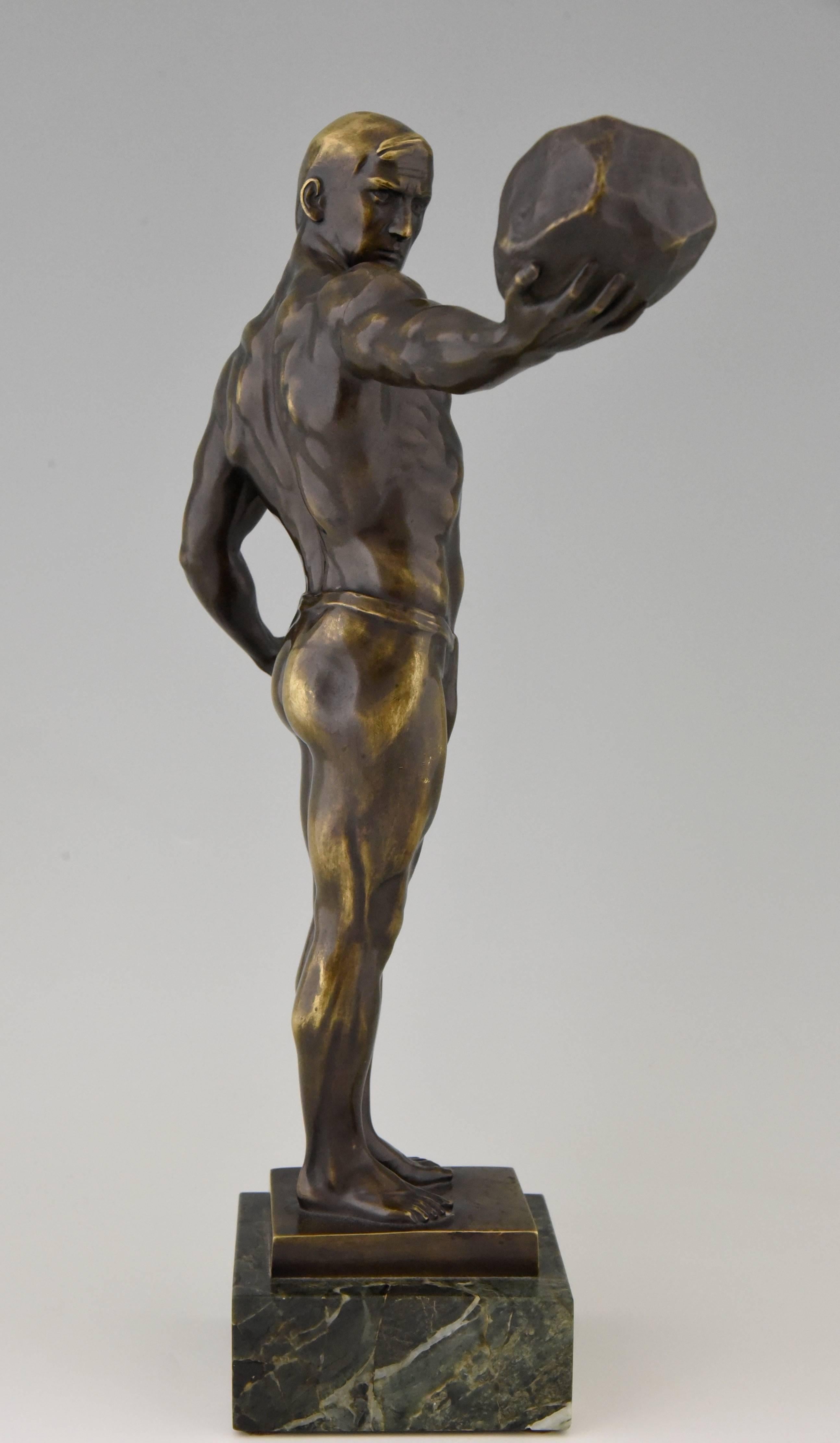 Antique Bronze Sculpture Athletic Male Nude with Stone, 1900 1