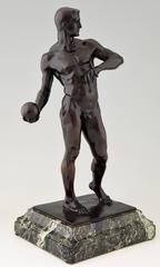 Antique Bronze Sculpture of a Male Nude, Athlete with Ball by Fabricius, 1904