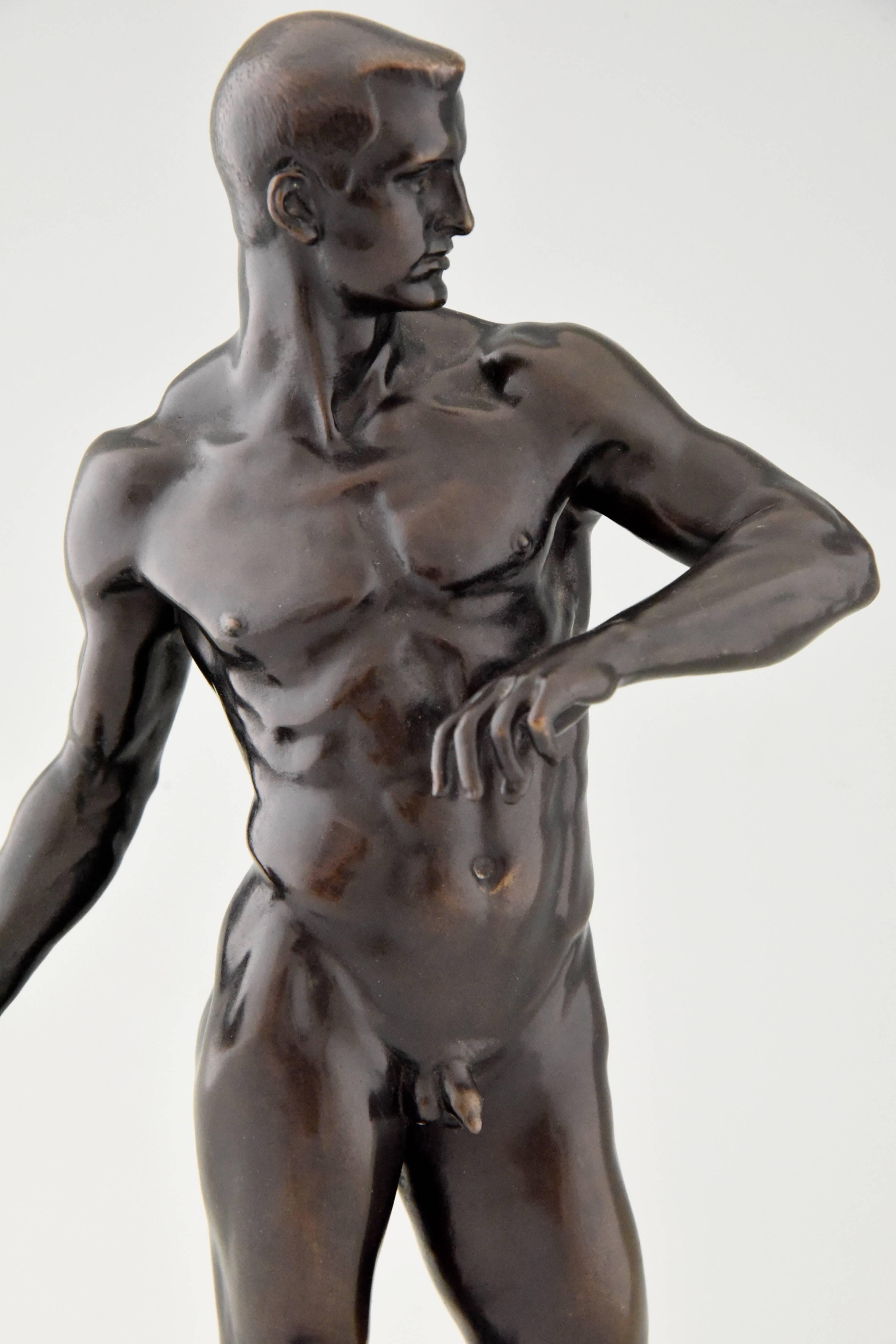 Antique Bronze Sculpture of a Male Nude, Athlete with Ball by Fabricius, 1904 1