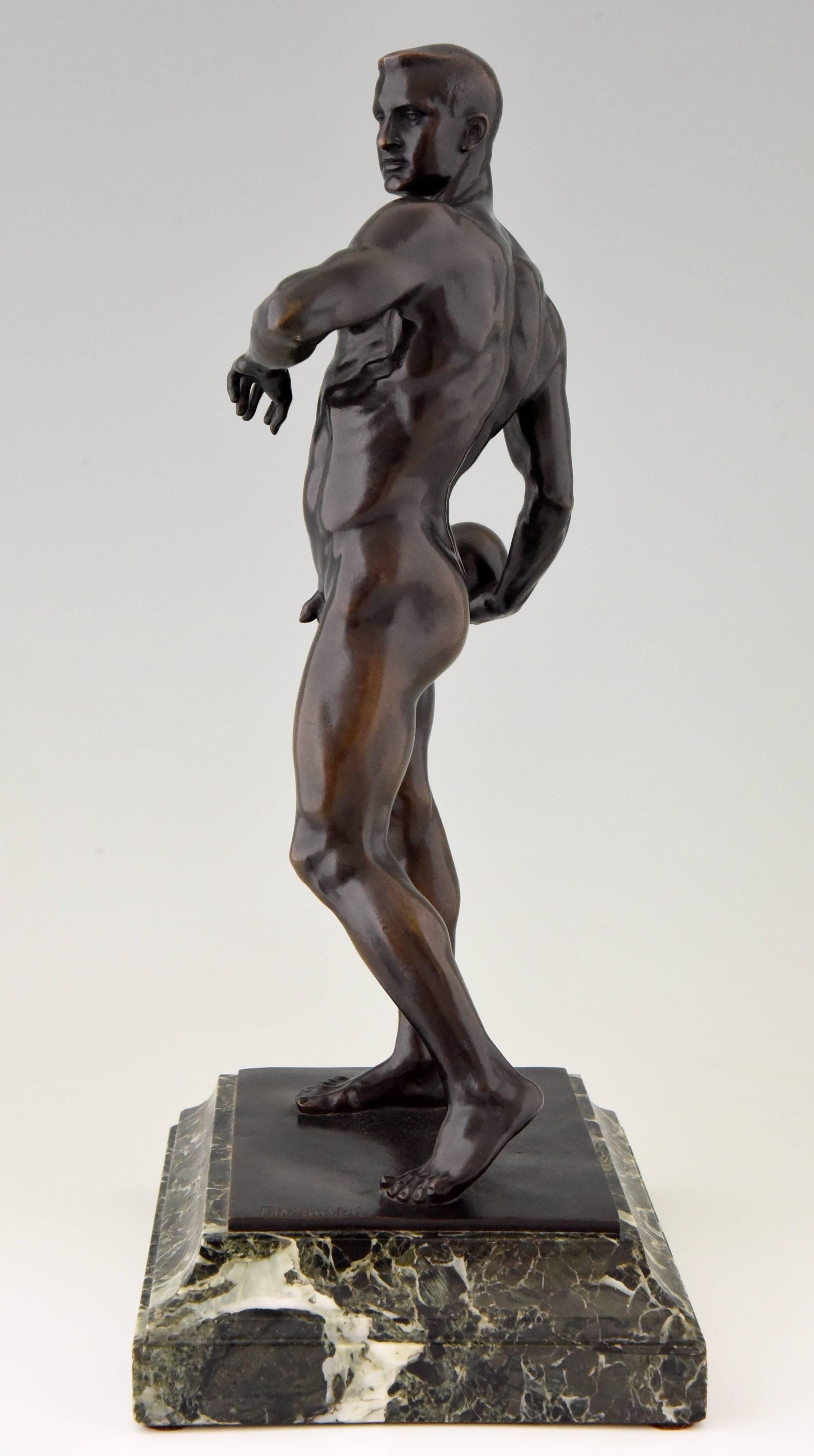 Romantic Antique Bronze Sculpture of a Male Nude, Athlete with Ball by Fabricius, 1904