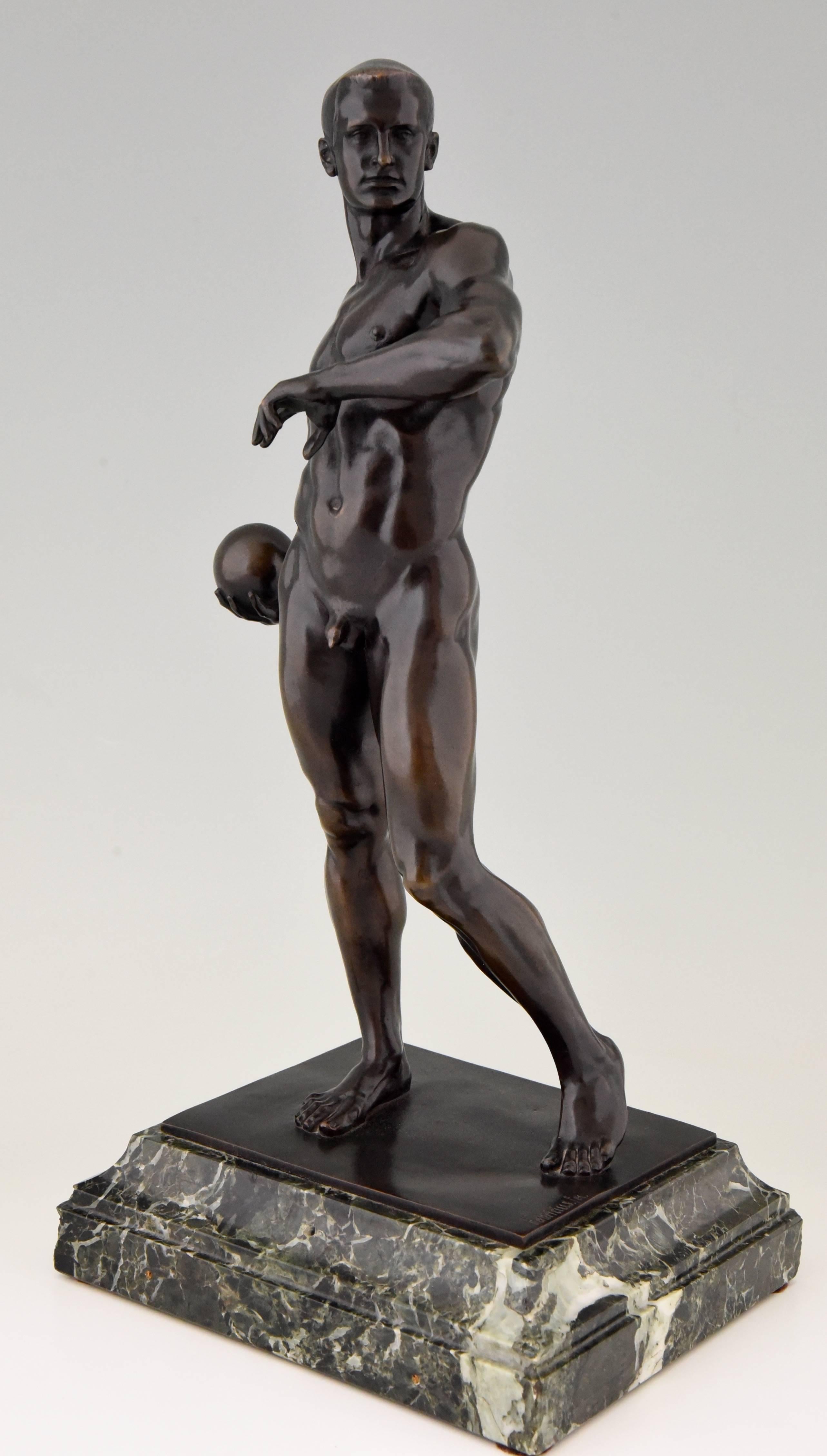 Patinated Antique Bronze Sculpture of a Male Nude, Athlete with Ball by Fabricius, 1904