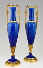 Antique Pair of Gilt Bronze and Blue Ceramic Vases Paul Milet for Sèvres, 189