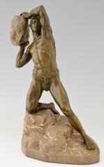 Antique Bronze Sculpture Male Nude with Rock, 1900
