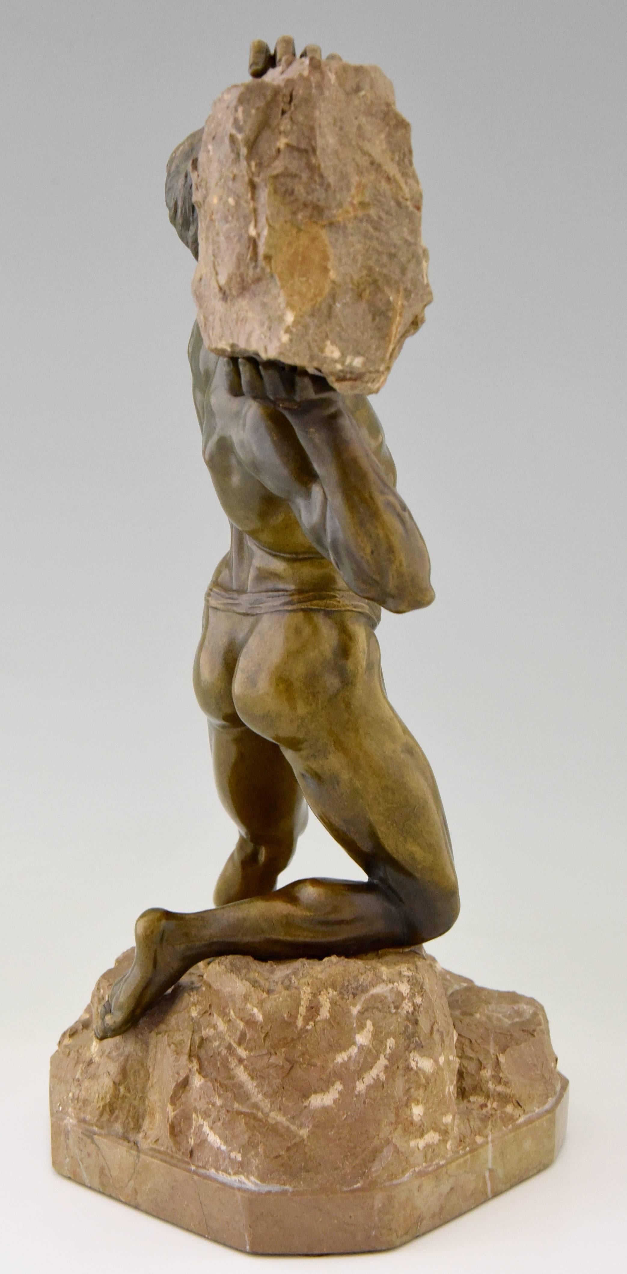 Other Antique Bronze Sculpture Male Nude with Rock, 1900