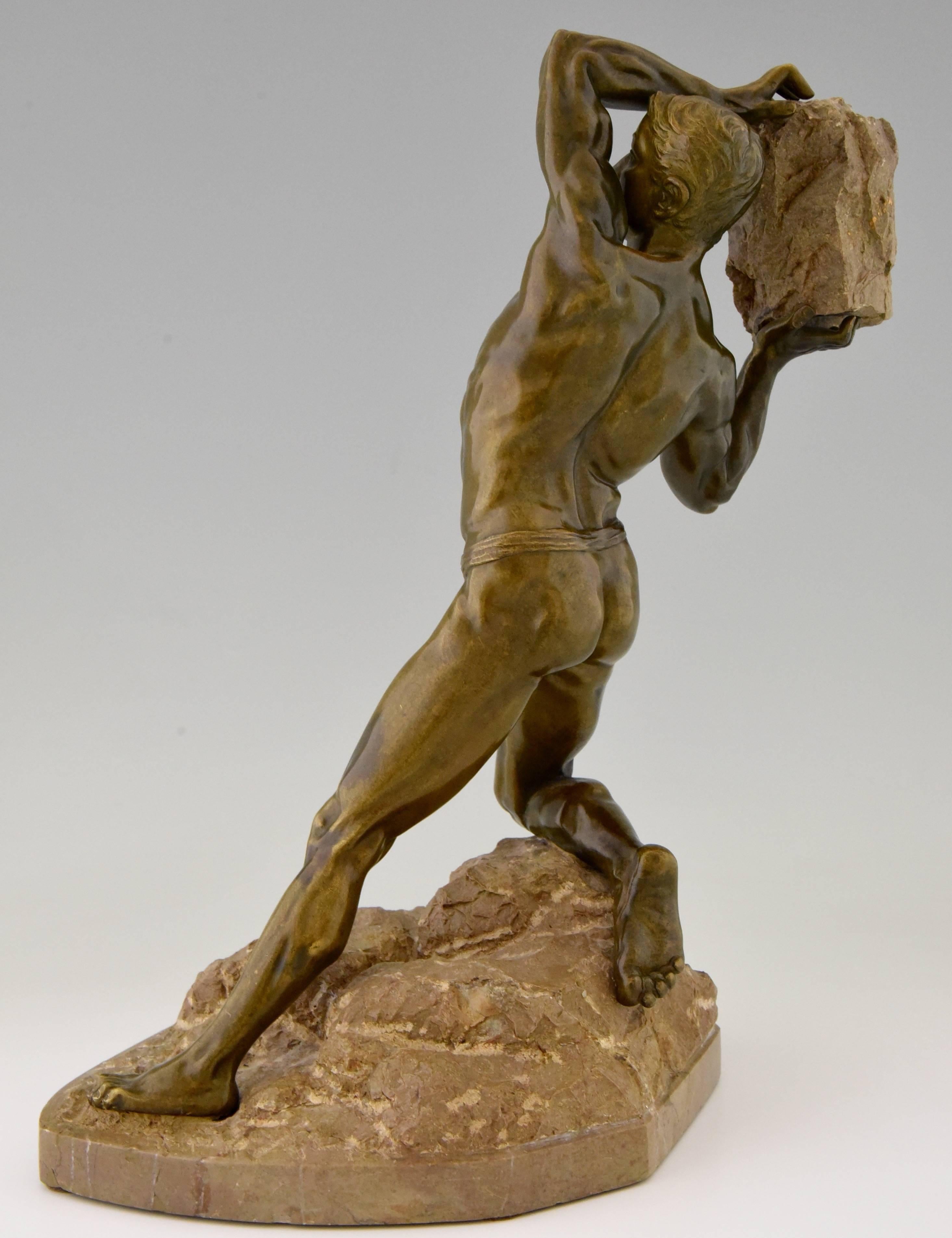 French Antique Bronze Sculpture Male Nude with Rock, 1900