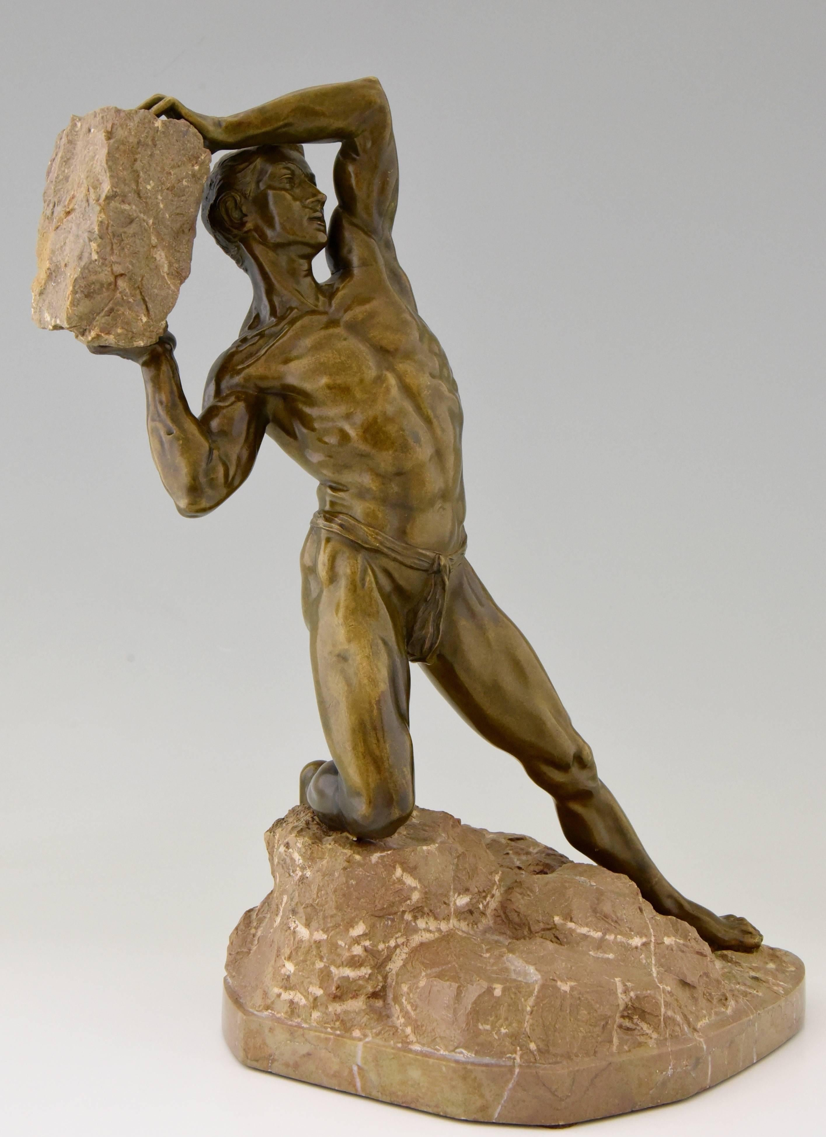 Patinated Antique Bronze Sculpture Male Nude with Rock, 1900