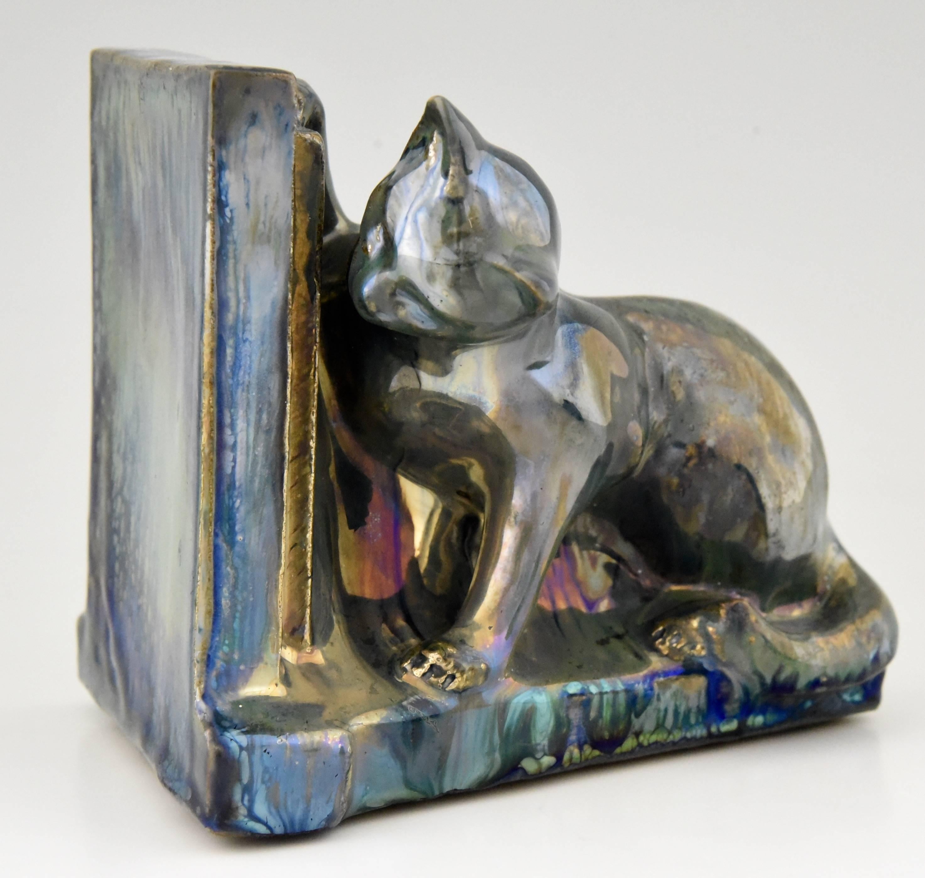 French Art Deco Ceramic Cat Bookends A. Cytère for Rambervillers, 1931