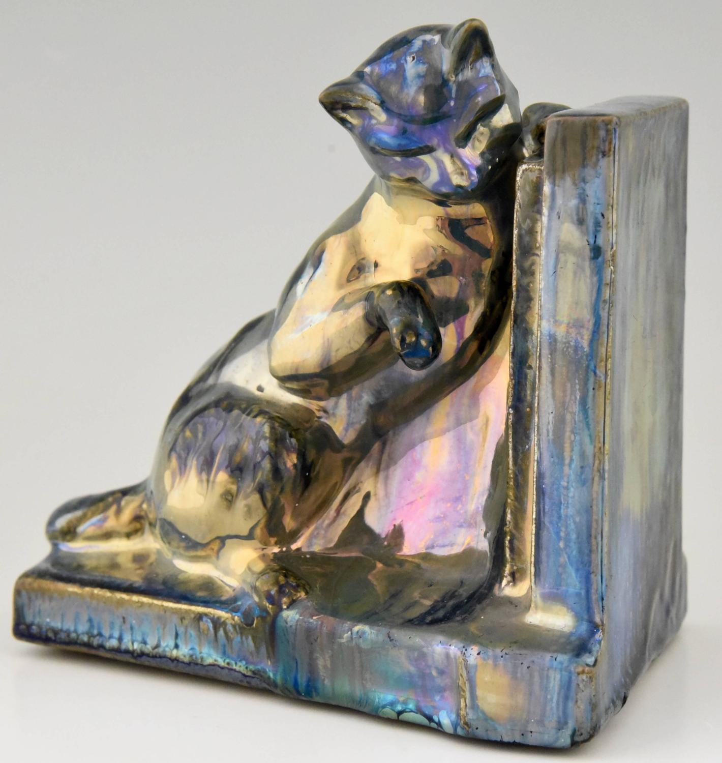Art Deco Ceramic Cat Bookends A. Cytère for Rambervillers, 1931 For