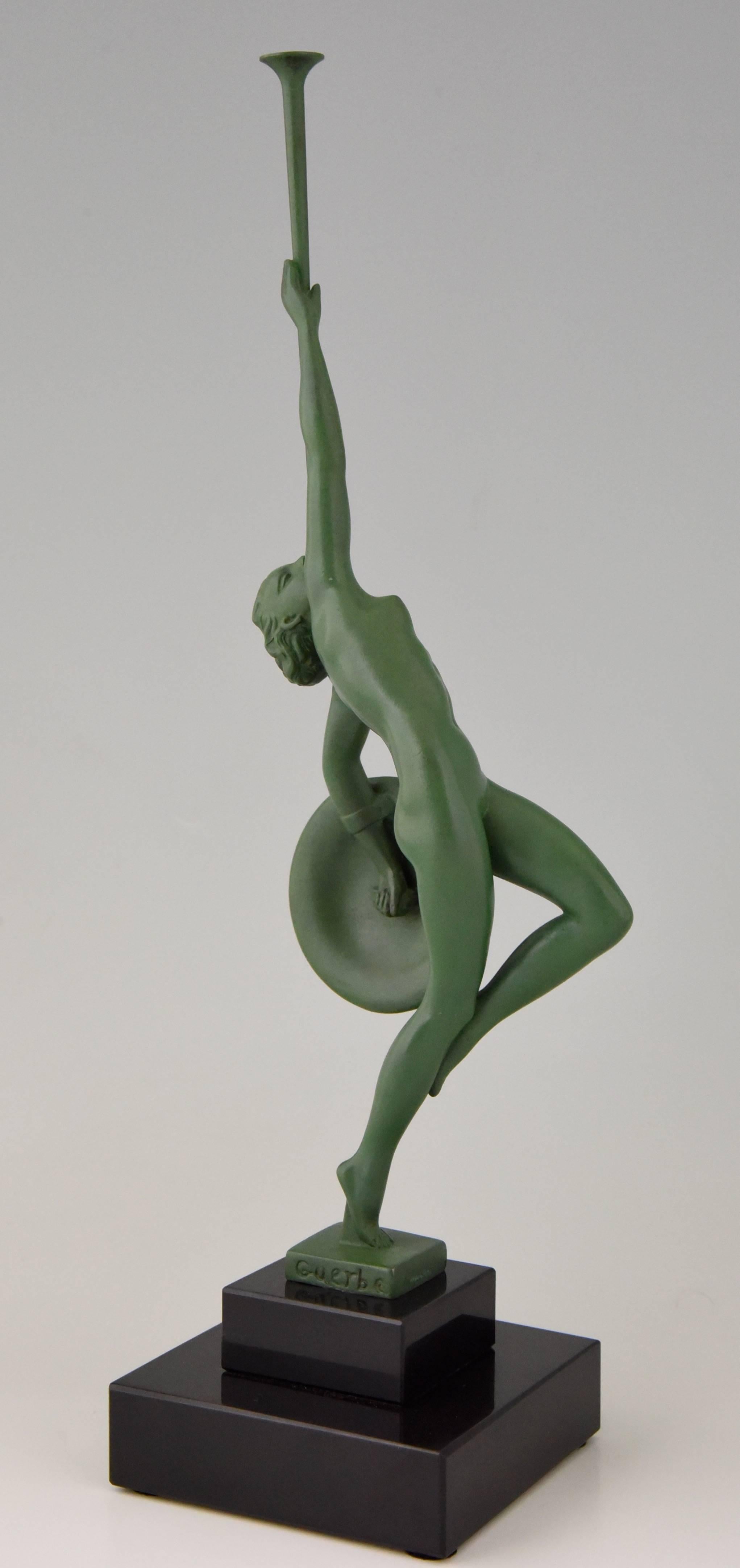 20th Century French Art Deco Sculpture Nude with Trumpet by Guerbe on Marble Base, 1930