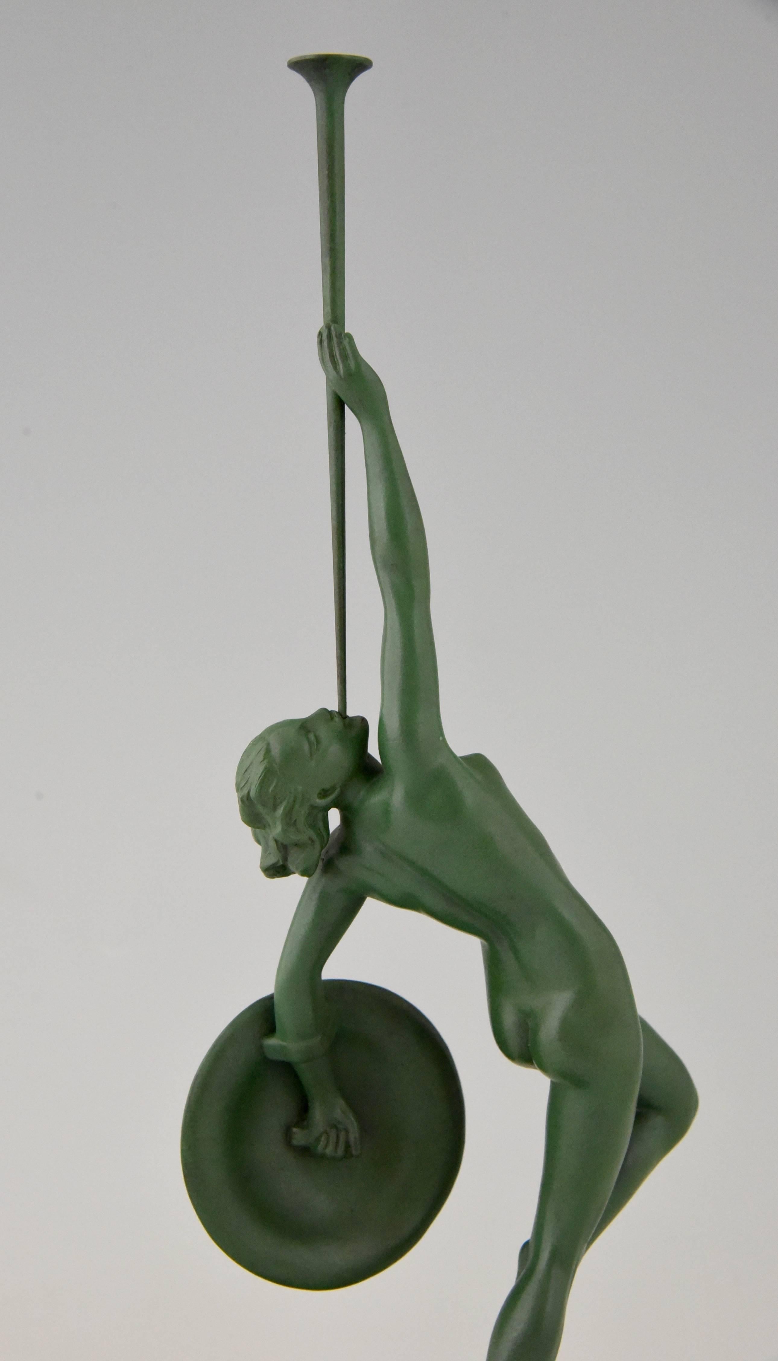 French Art Deco Sculpture Nude with Trumpet by Guerbe on Marble Base, 1930 2