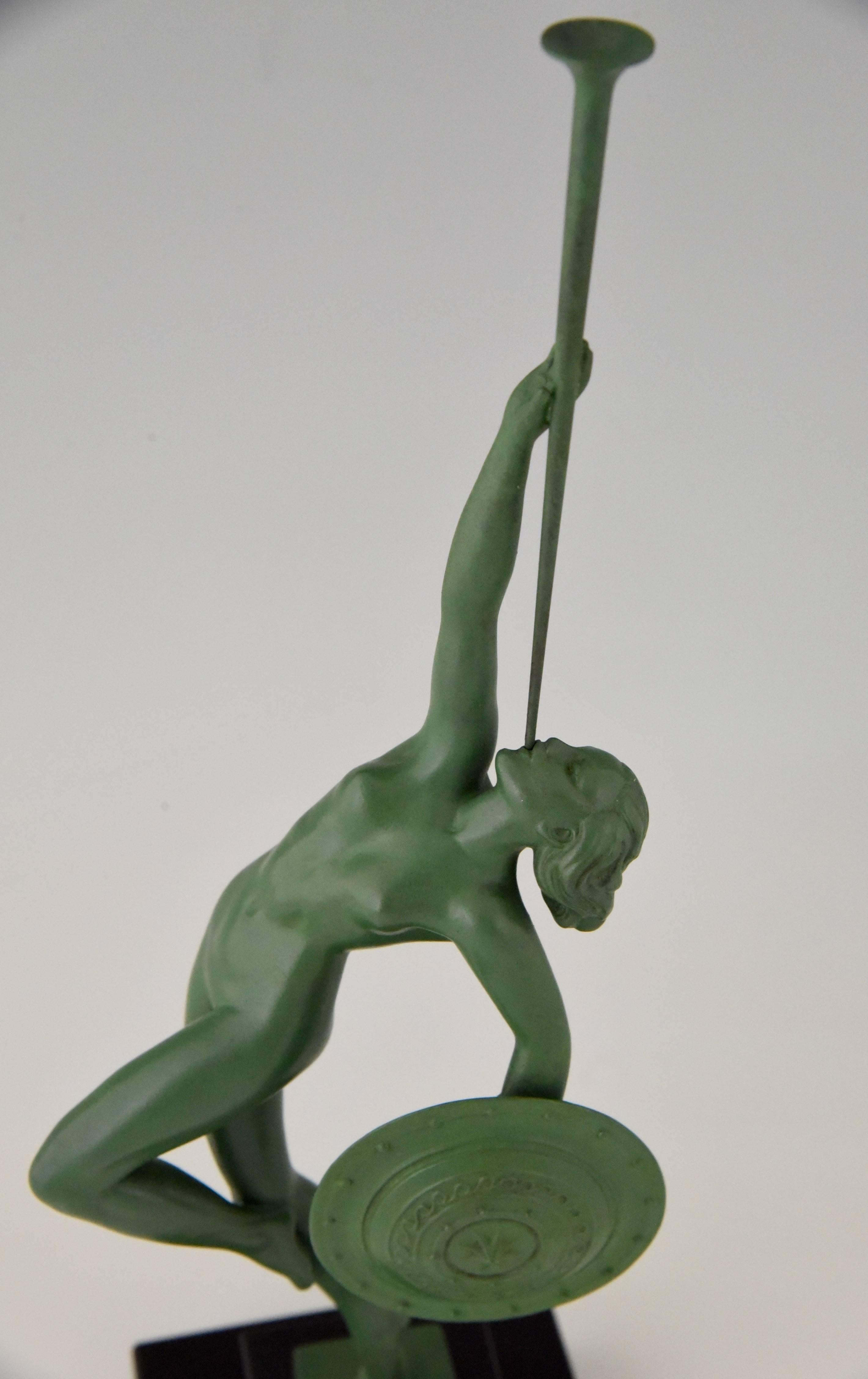 French Art Deco Sculpture Nude with Trumpet by Guerbe on Marble Base, 1930 1