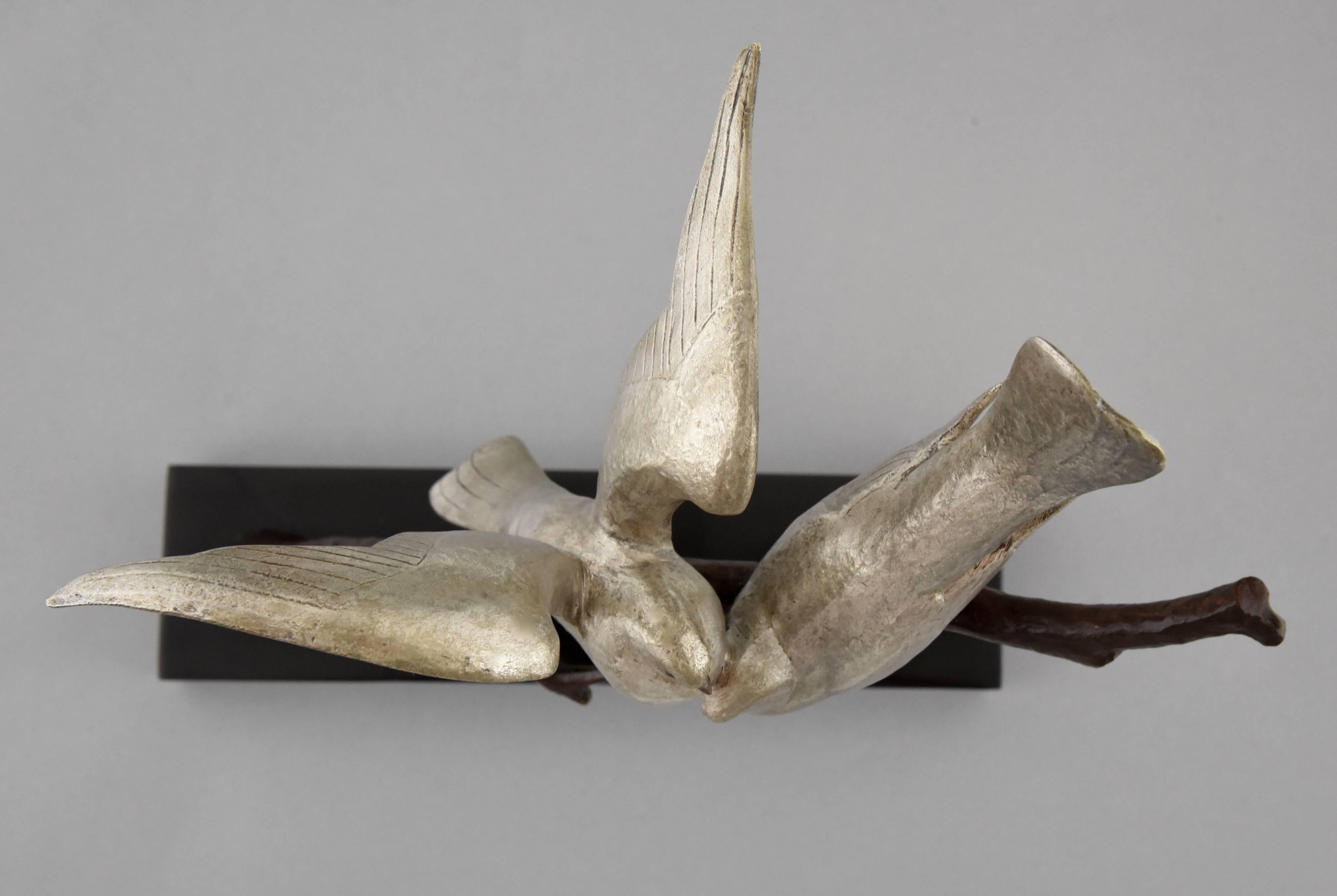 Art Deco Bronze Love Doves Bird Sculpture by Becquerel, 1930 France 3