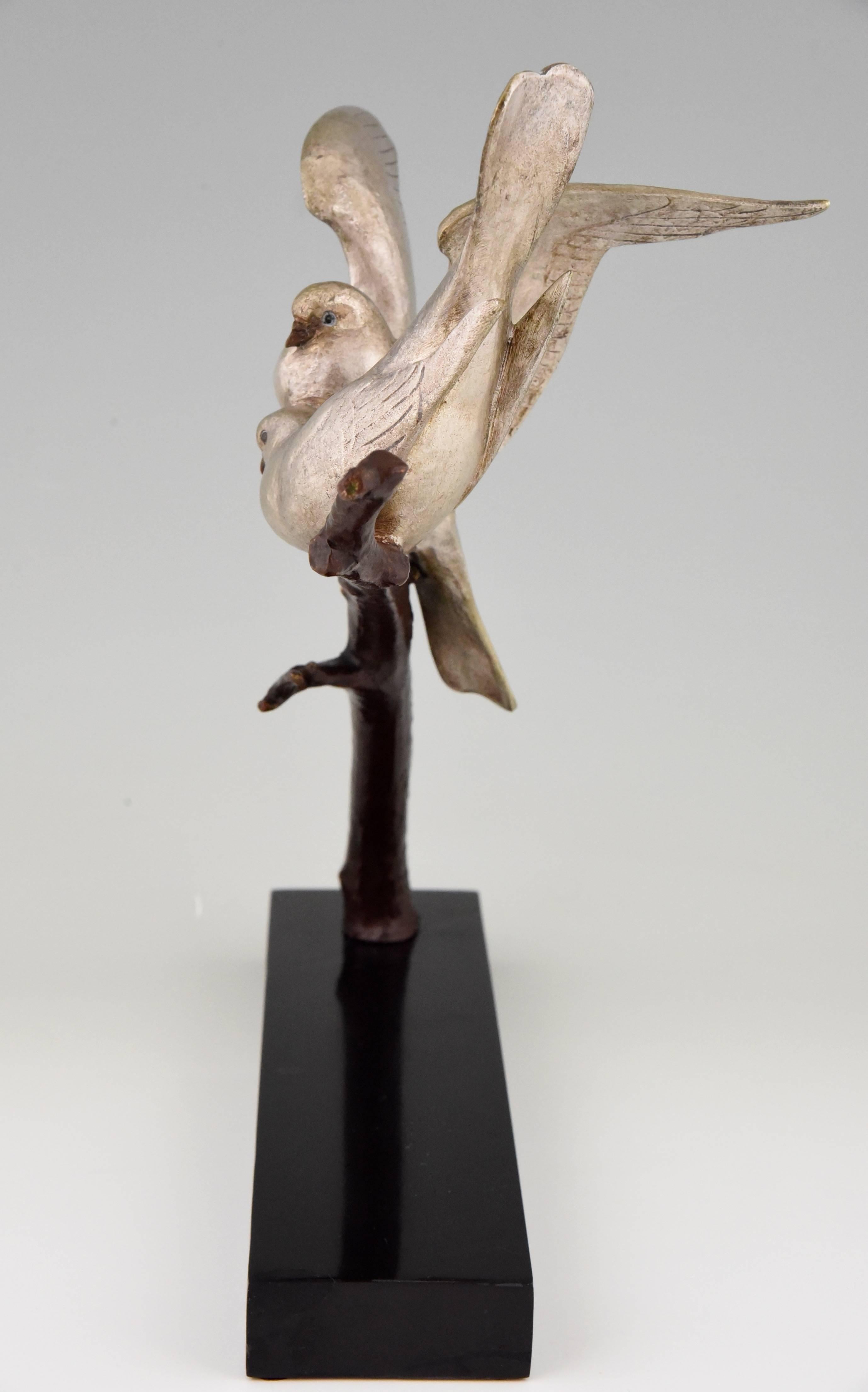 Art Deco Bronze Love Doves Bird Sculpture by Becquerel, 1930 France 1