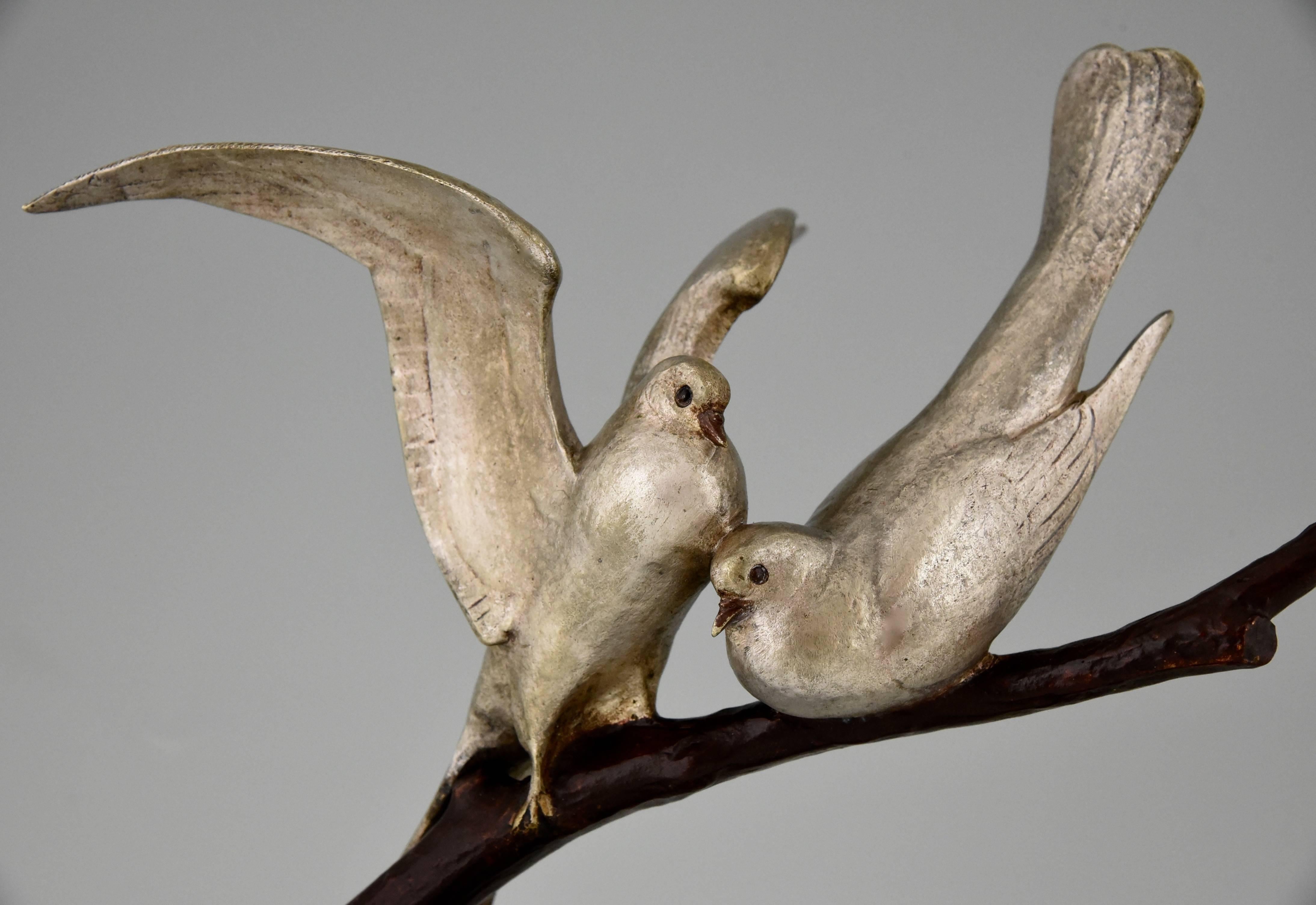 Art Deco Bronze Love Doves Bird Sculpture by Becquerel, 1930 France 2