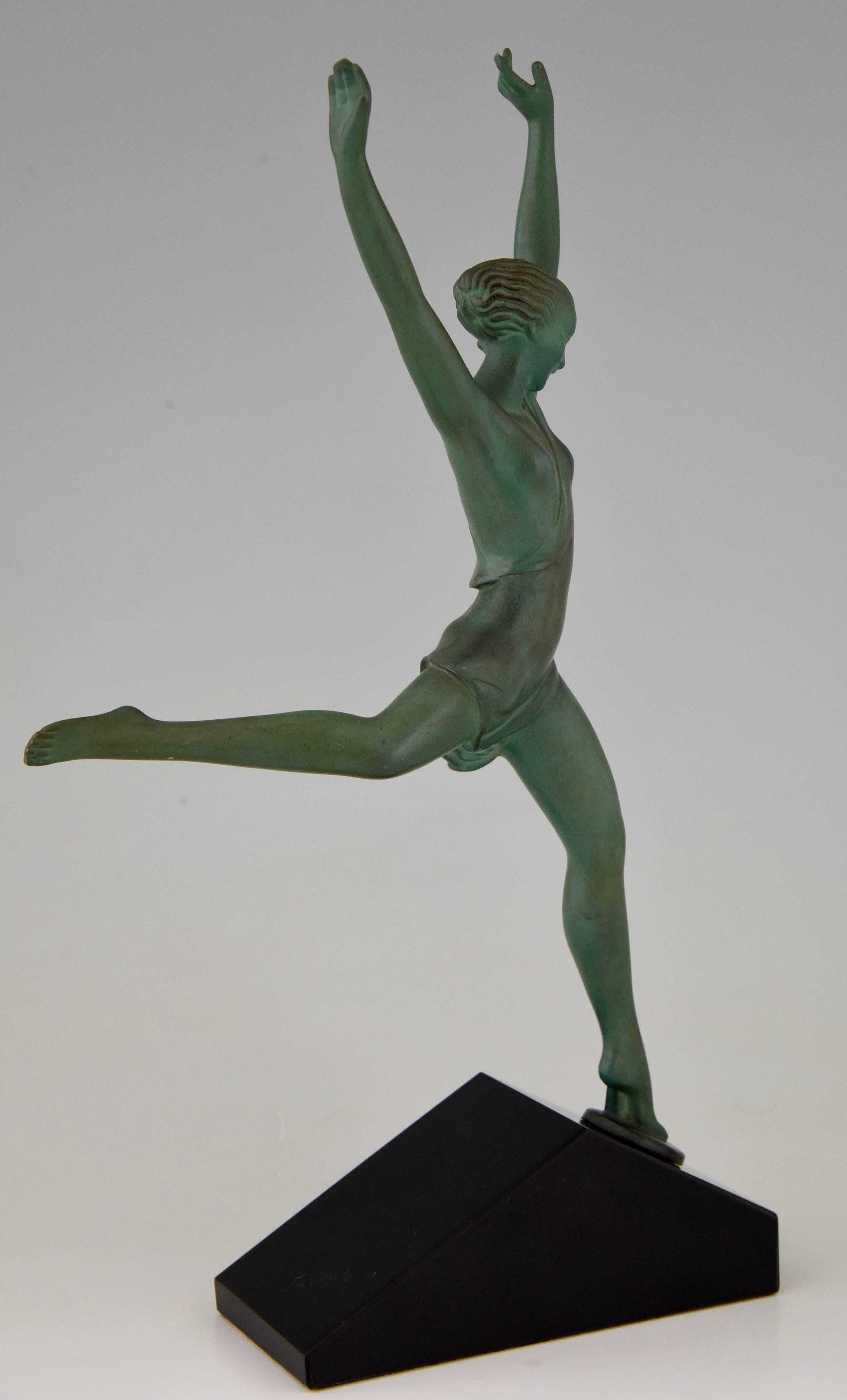 Patinated French Art Deco Sculpture Dancer Olympia by Fayral, Pierre Le Faguays, 1930