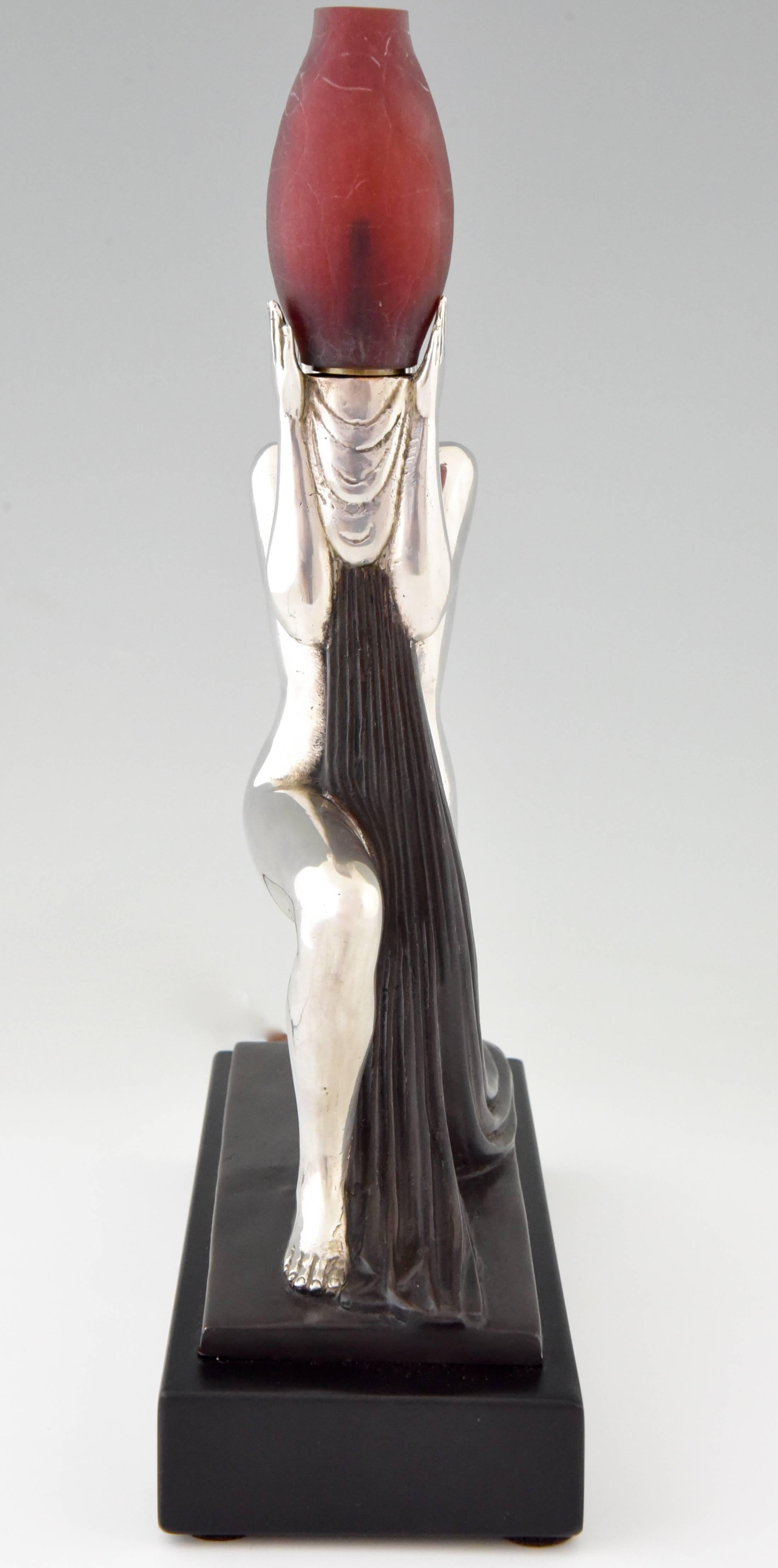 20th Century French Art Deco Lamp with Nude, Silvered Bronze and Glass by Guerbe, 1930