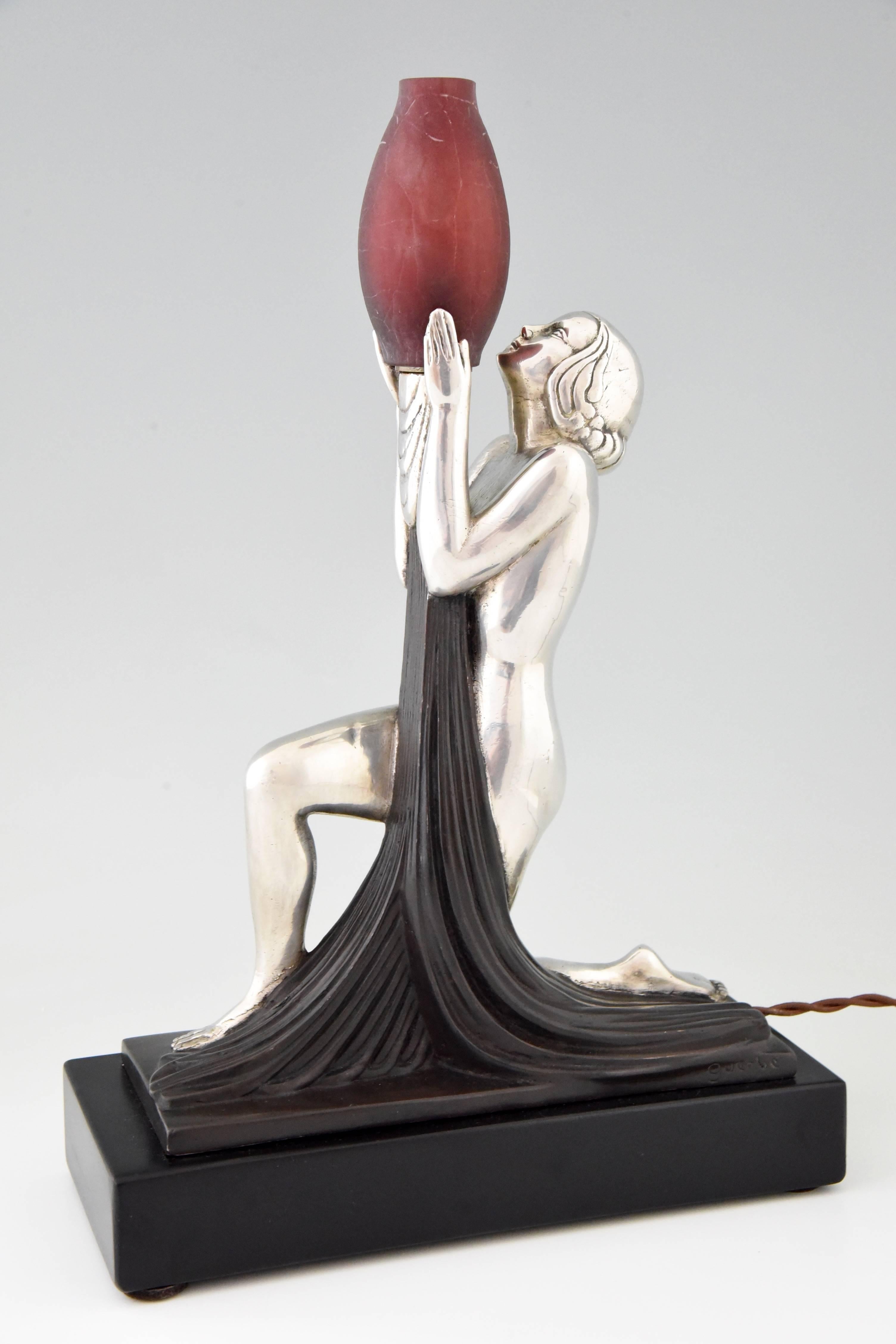 French Art Deco Lamp with Nude, Silvered Bronze and Glass by Guerbe, 1930 In Good Condition In Antwerp, BE