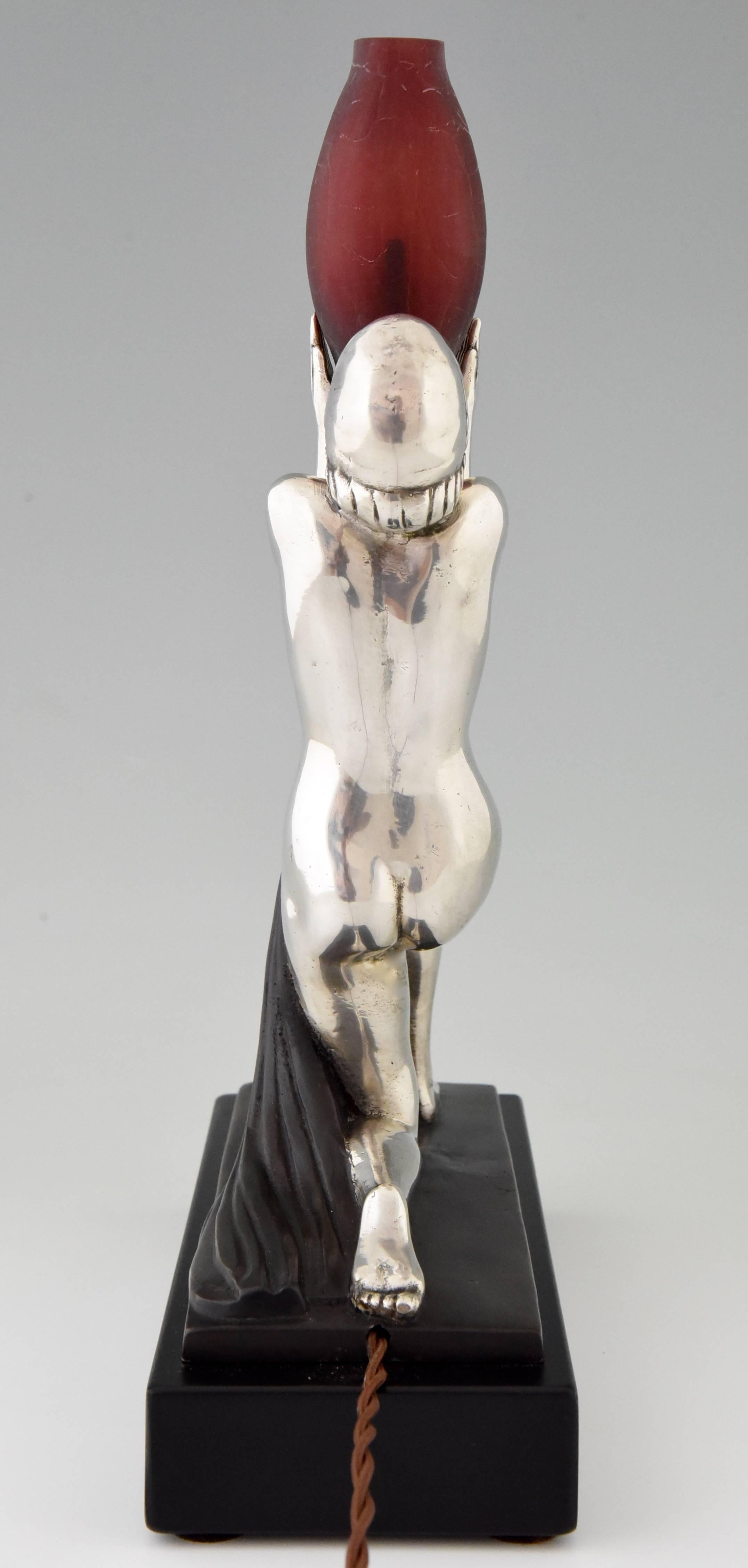 French Art Deco Lamp with Nude, Silvered Bronze and Glass by Guerbe, 1930 3