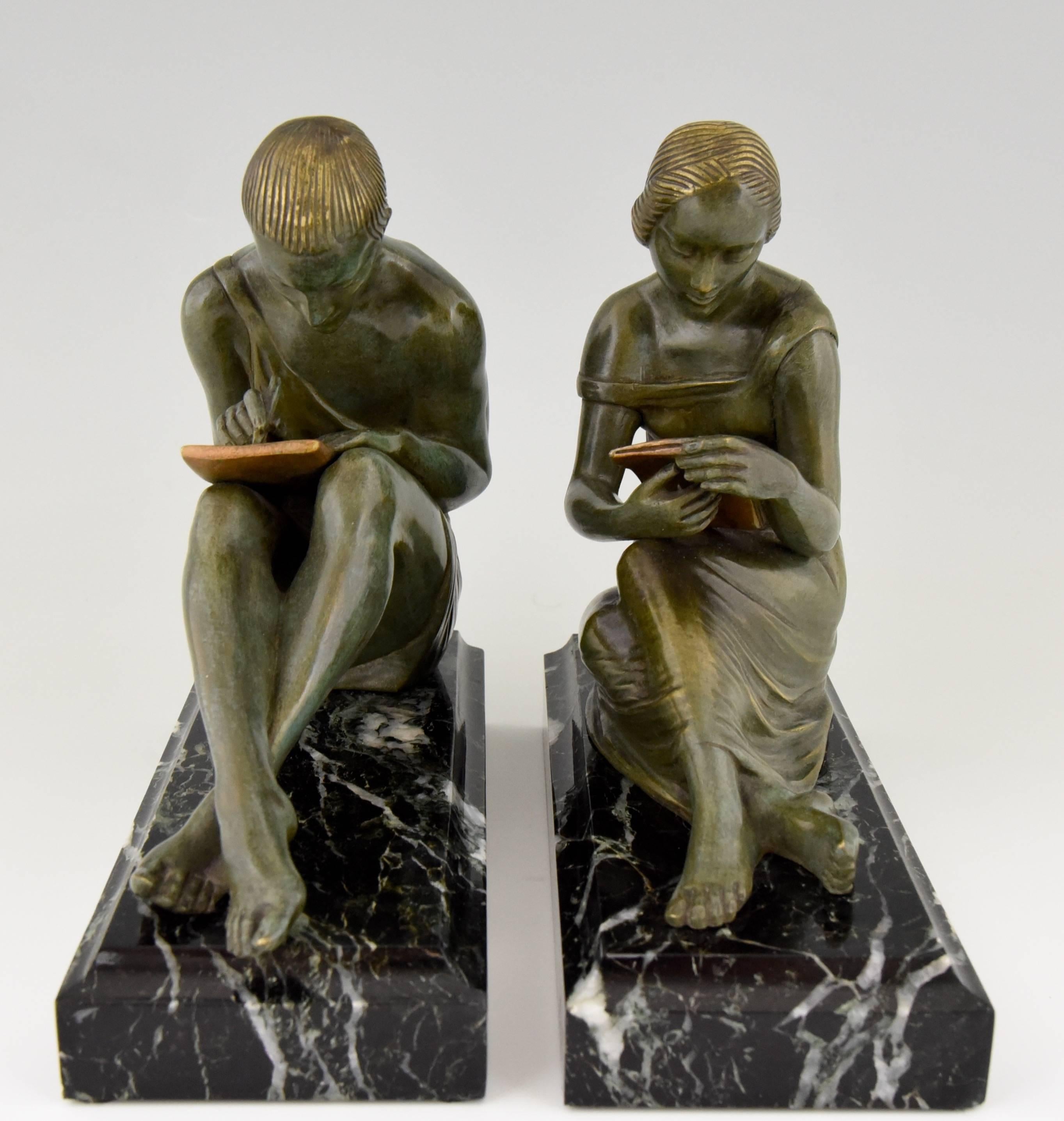 20th Century French Art Deco Bronze Bookends Man Writing Lady Reading Pierre Le Faguays, 1930