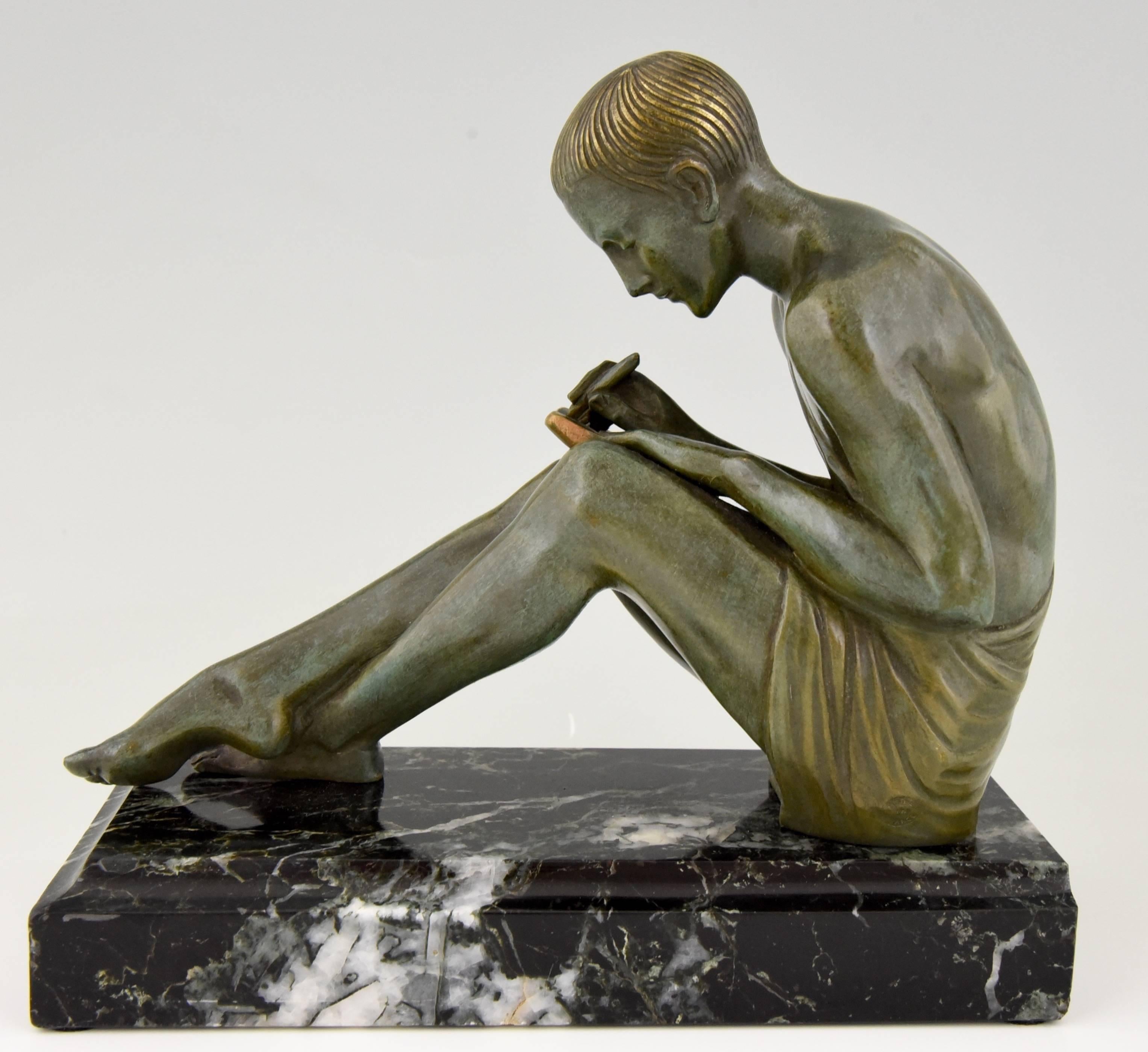French Art Deco Bronze Bookends Man Writing Lady Reading Pierre Le Faguays, 1930 1