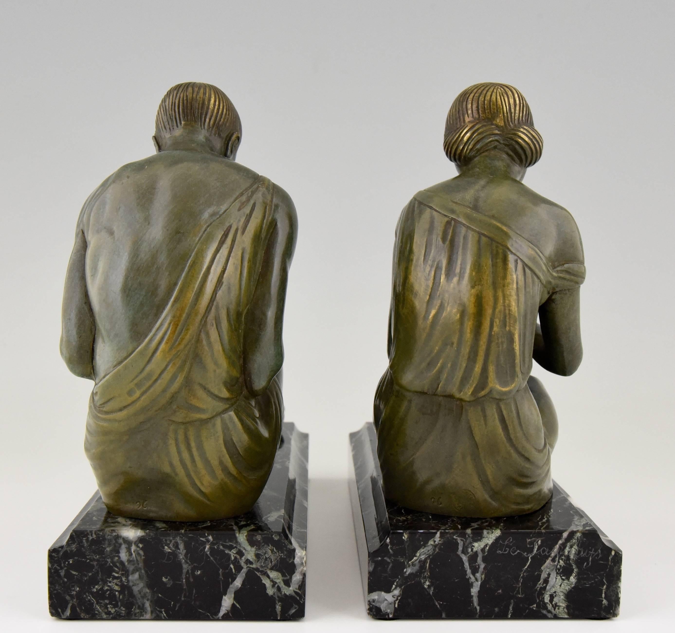 French Art Deco Bronze Bookends Man Writing Lady Reading Pierre Le Faguays, 1930 3
