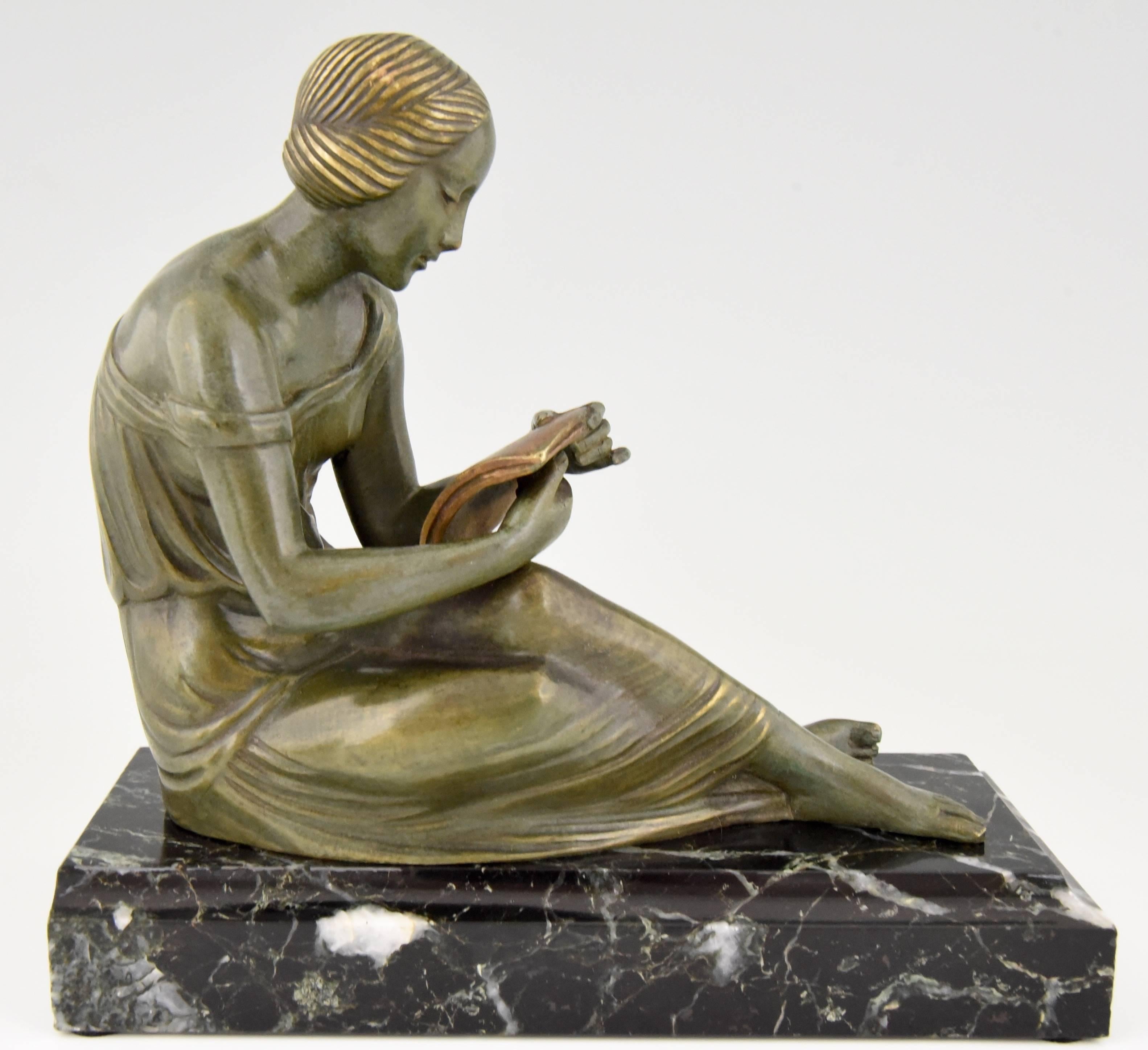 French Art Deco Bronze Bookends Man Writing Lady Reading Pierre Le Faguays, 1930 2