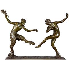 Grande sculpture Art Déco en bronze Satyre et Nu par Guiraud Rivier 42.5 inch 1930